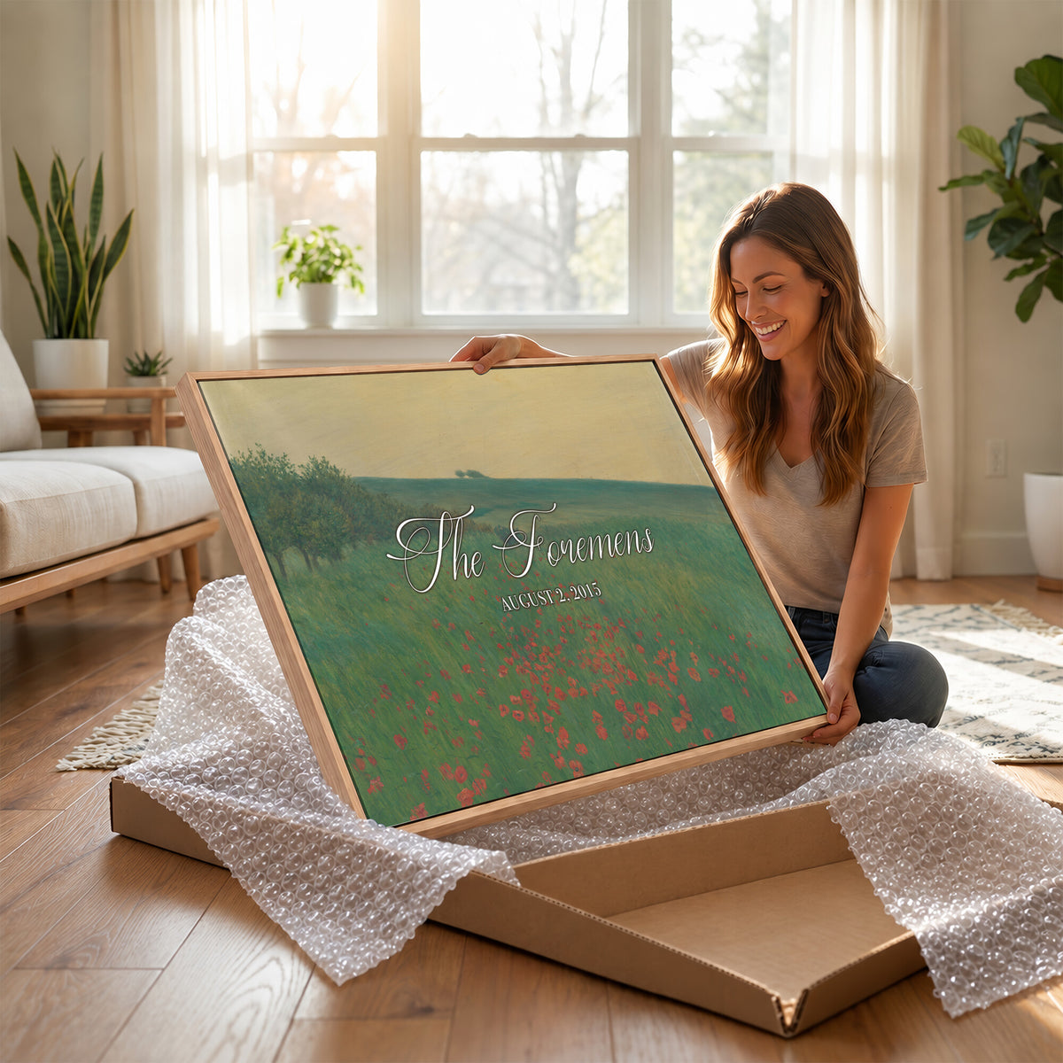 29657787-MCV-HS-36X24 - Personalized Family Name Sign | Poppy Field Vintage Landscape Canvas | Wedding Gift