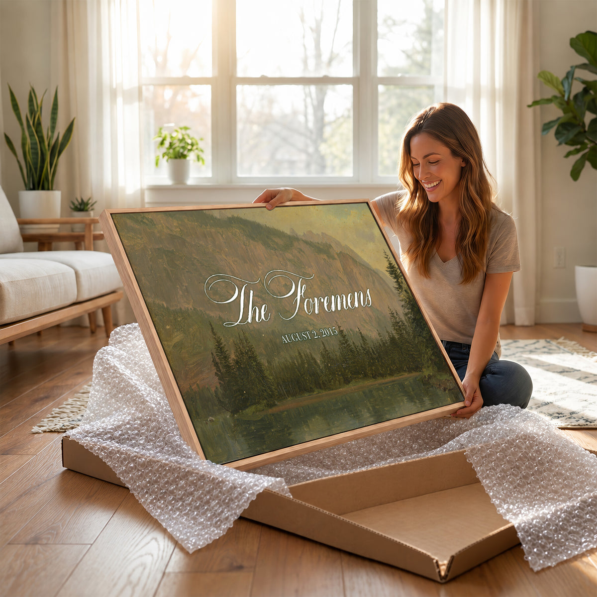 96706505-MCV-HS-36X24 - Personalized Family Name Sign | Mountain Lake Vintage Landscape Canvas | Wedding Gift