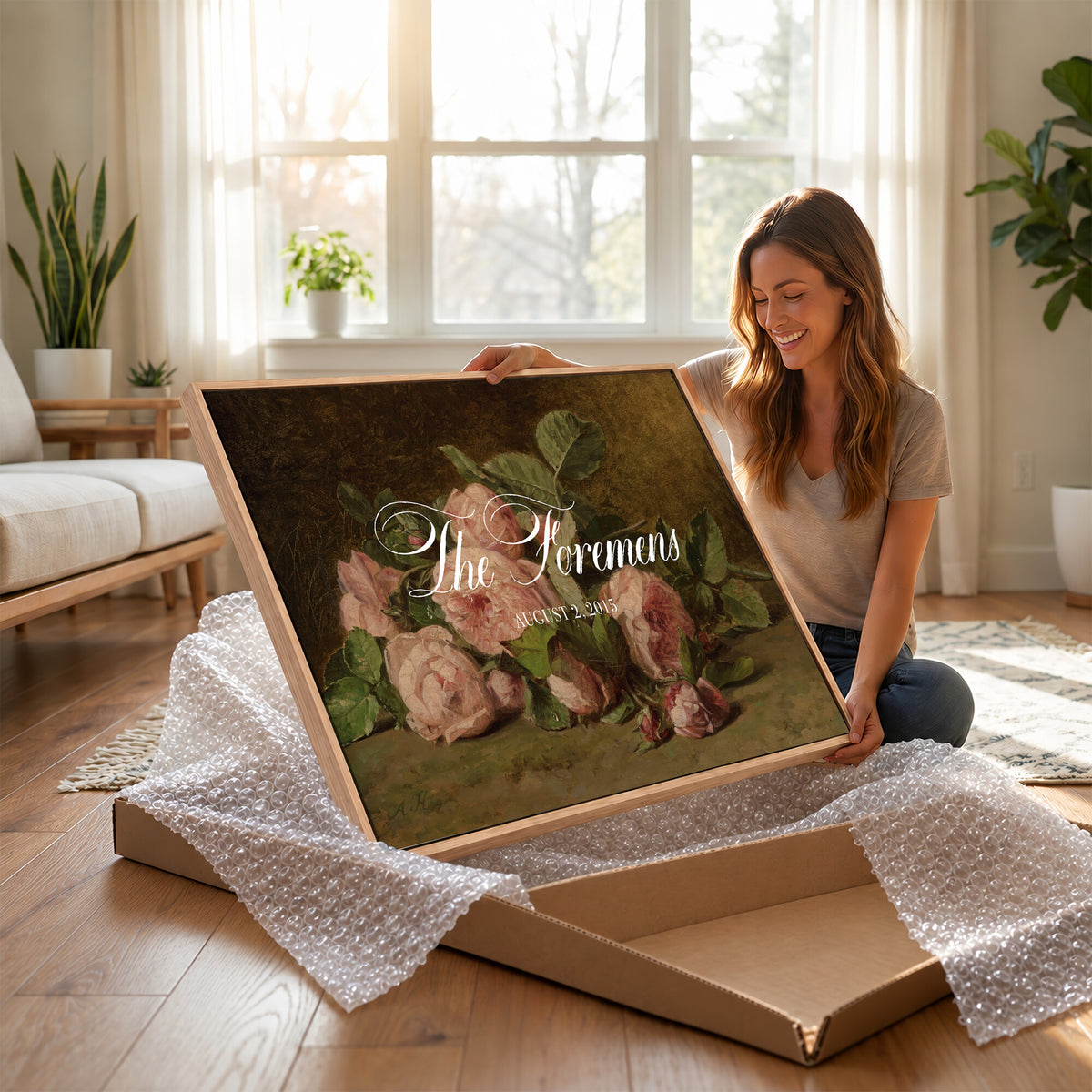 36376357-MCV-HS-36X24 - Wedding Easel Sign | Personalized Pink Roses Vintage Canvas | Framed Welcome Sign for Ceremony
