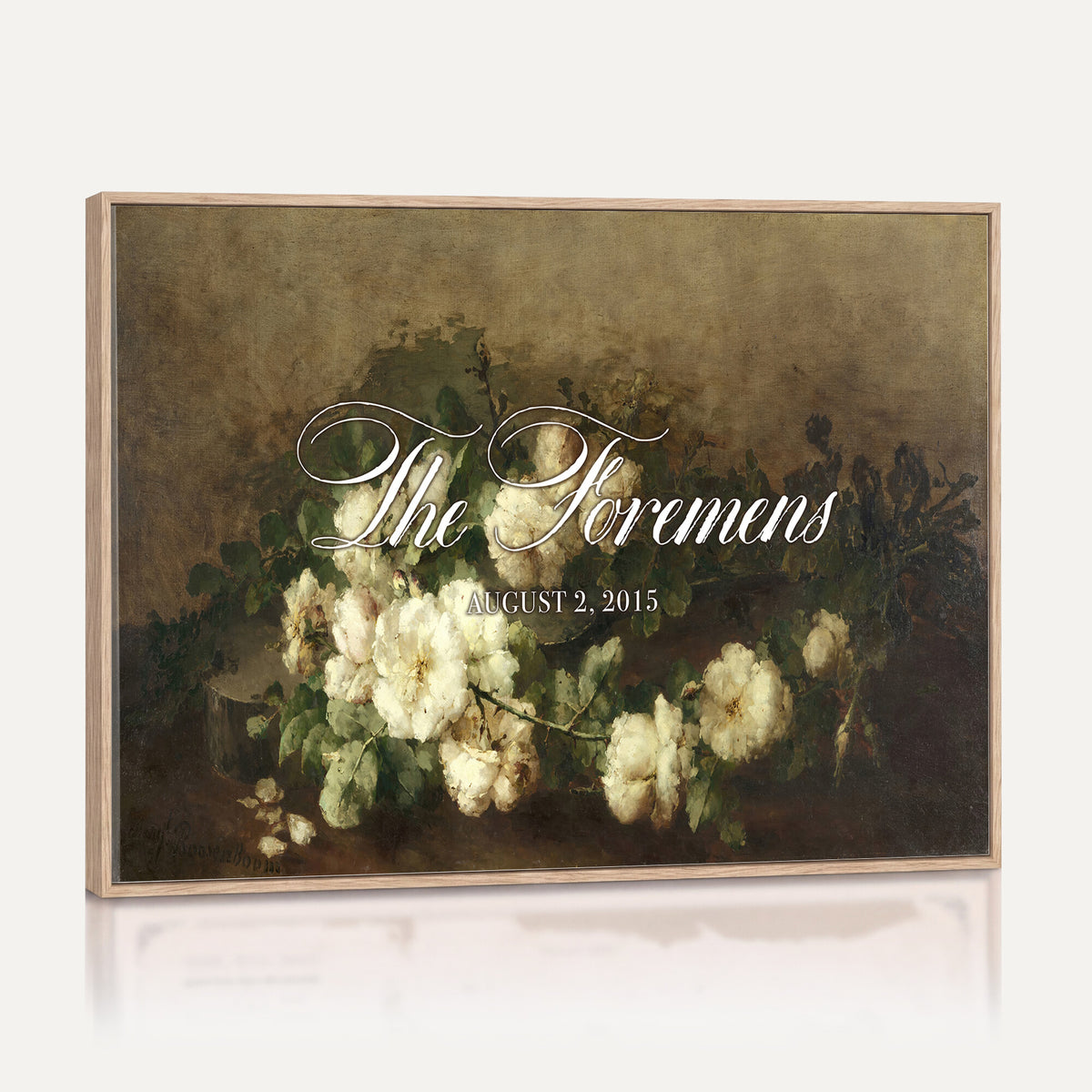 60065718-MCV-HS-36X24 - Wedding Easel Sign | Personalized White Peonies Vintage Canvas | Framed Welcome Sign for Ceremony