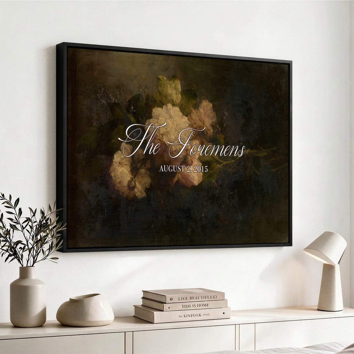 52520004-MCV-HS-36X24 - Personalized Family Name Sign | Cream Blooms Vintage Floral Canvas | Wedding Gift