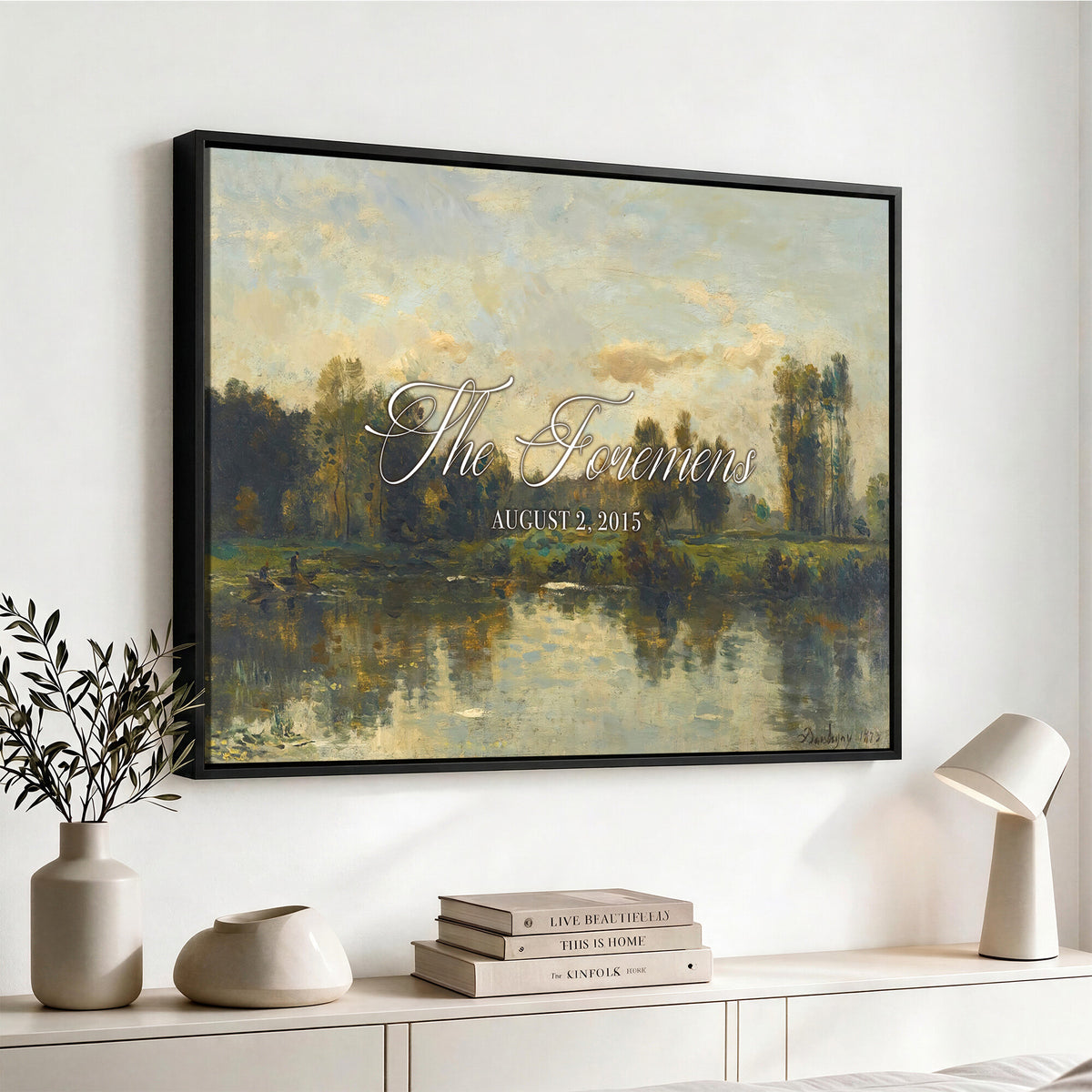 81082298-MCV-HS-36X24 - Personalized Family Name Sign | River Reflection Vintage Landscape Canvas | Wedding Gift