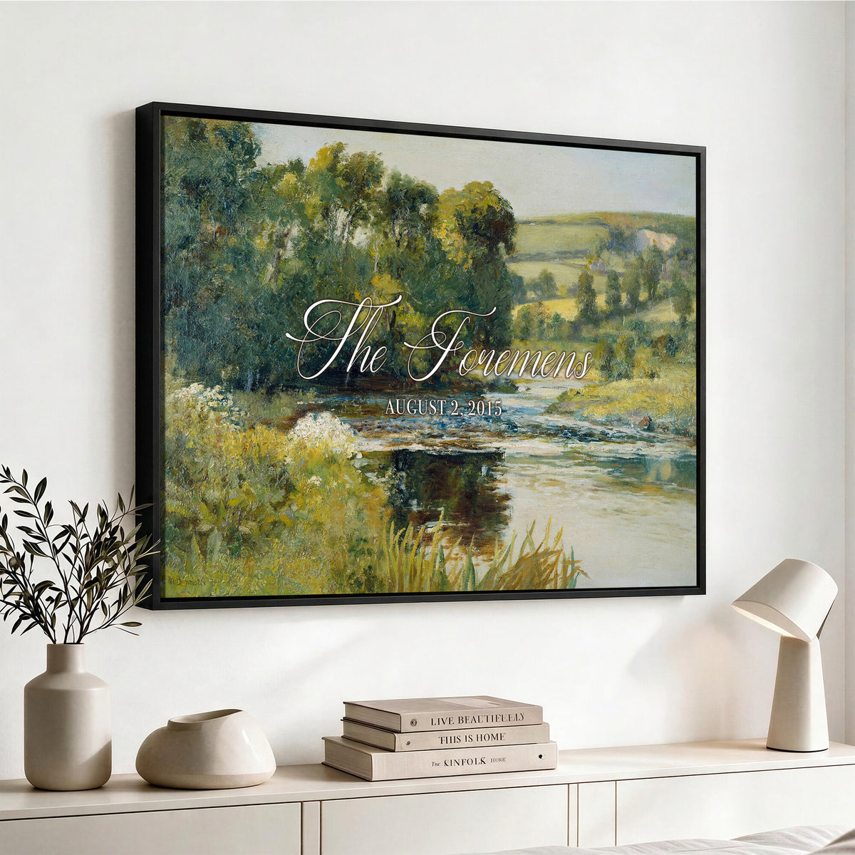 70450758-MCV-HS-36X24 - Wedding Easel Sign | Personalized Countryside Stream Vintage Canvas | Framed Welcome Sign for Ceremony