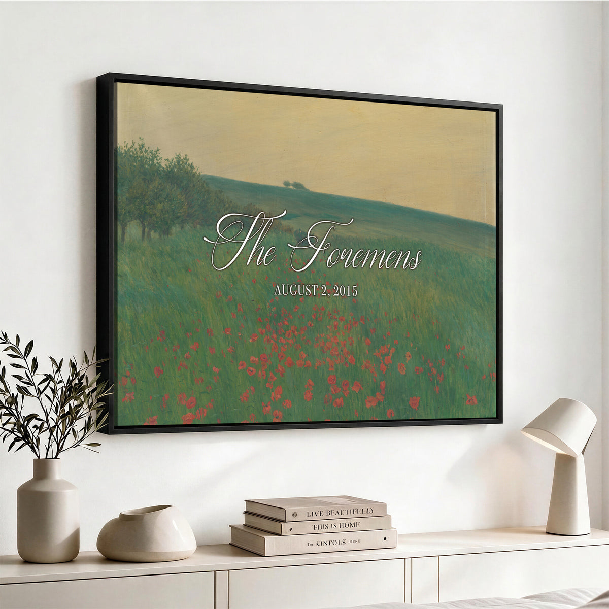 29657787-MCV-HS-36X24 - Personalized Family Name Sign | Poppy Field Vintage Landscape Canvas | Wedding Gift