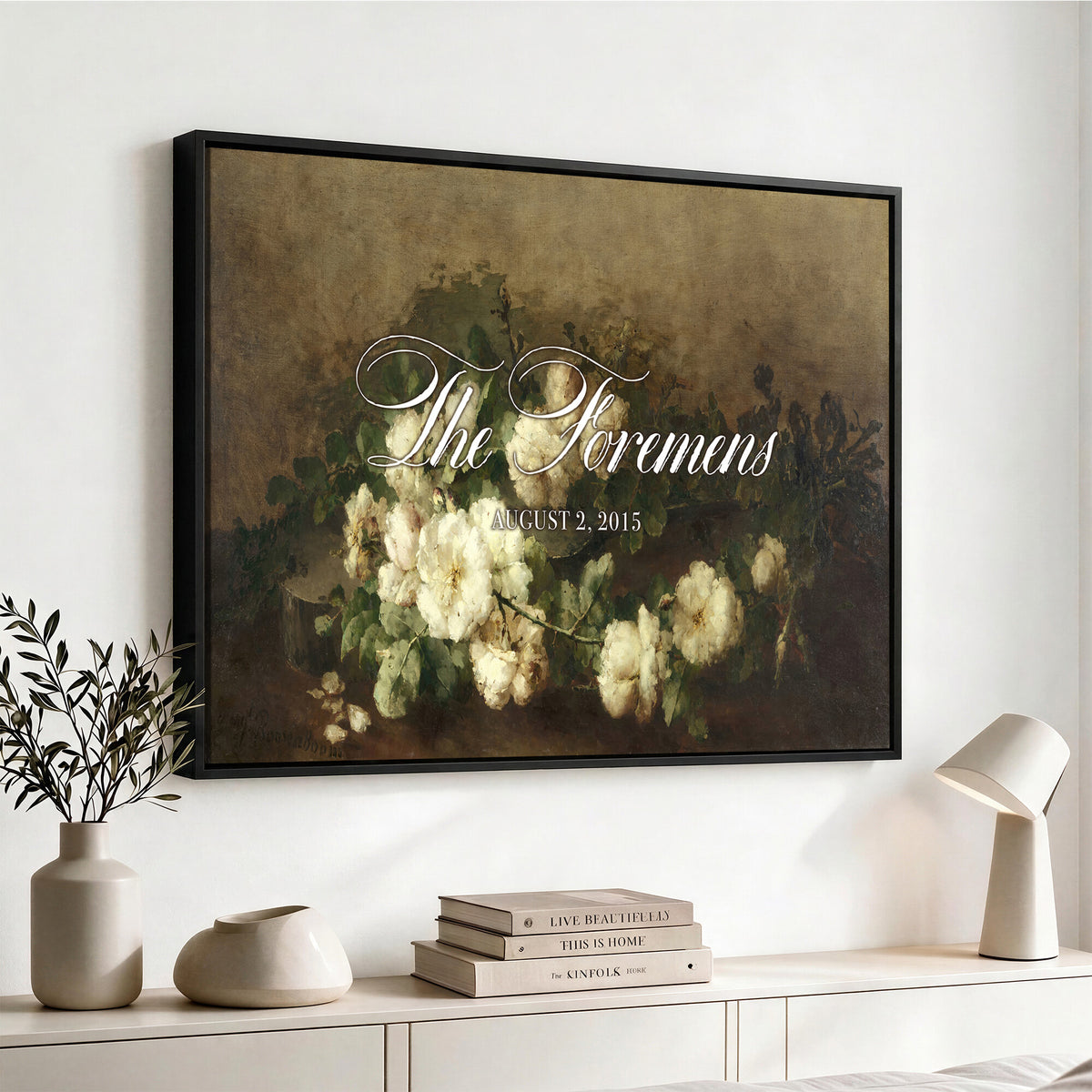 60065718-MCV-HS-36X24 - Wedding Easel Sign | Personalized White Peonies Vintage Canvas | Framed Welcome Sign for Ceremony