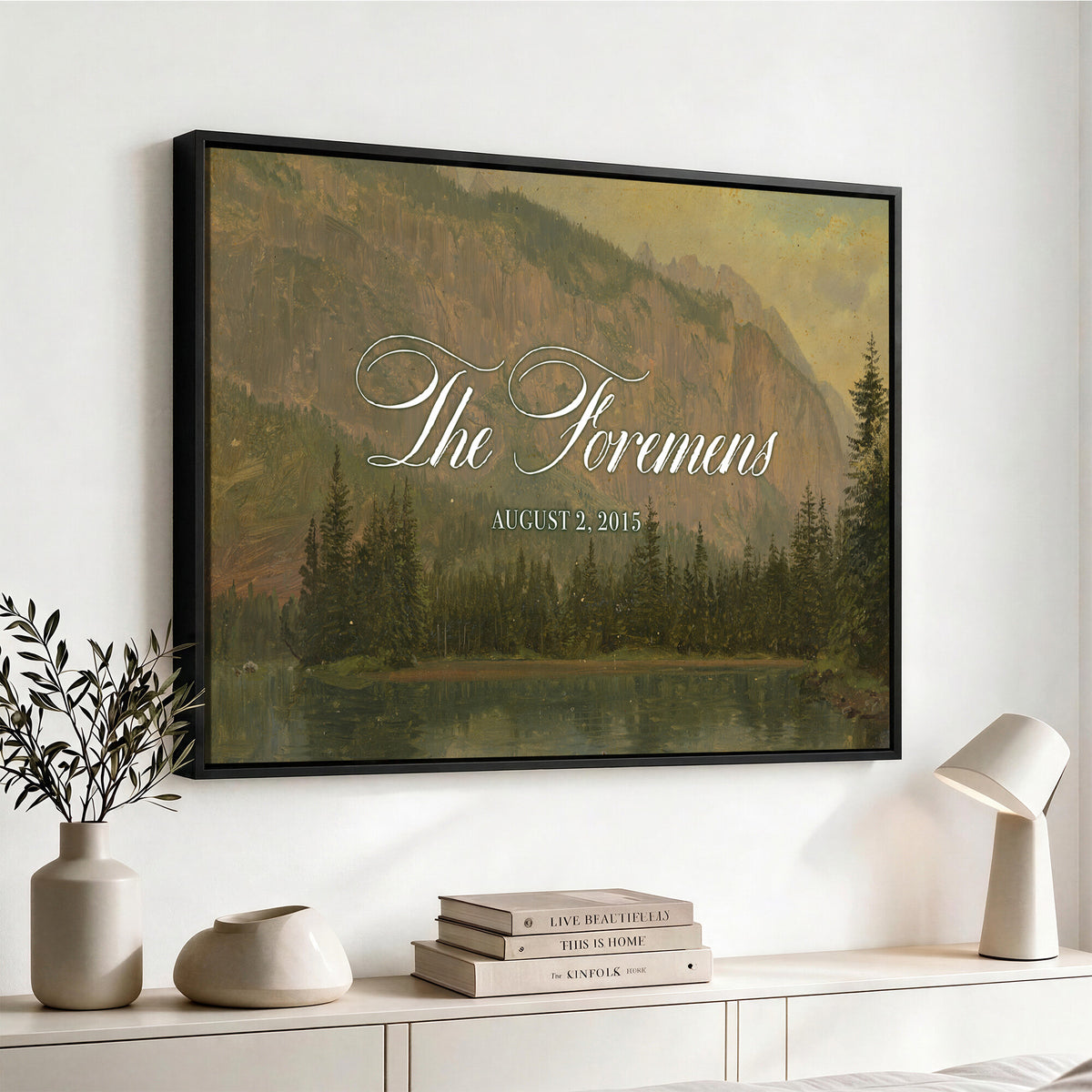 96706505-MCV-HS-36X24 - Personalized Family Name Sign | Mountain Lake Vintage Landscape Canvas | Wedding Gift