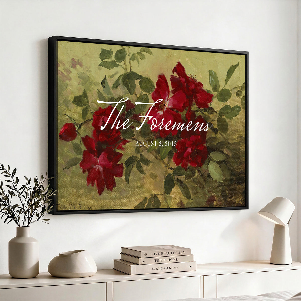 25793804-MCV-HS-36X24 - Wedding Easel Sign | Personalized Red Roses Vintage Canvas | Framed Welcome Sign for Ceremony