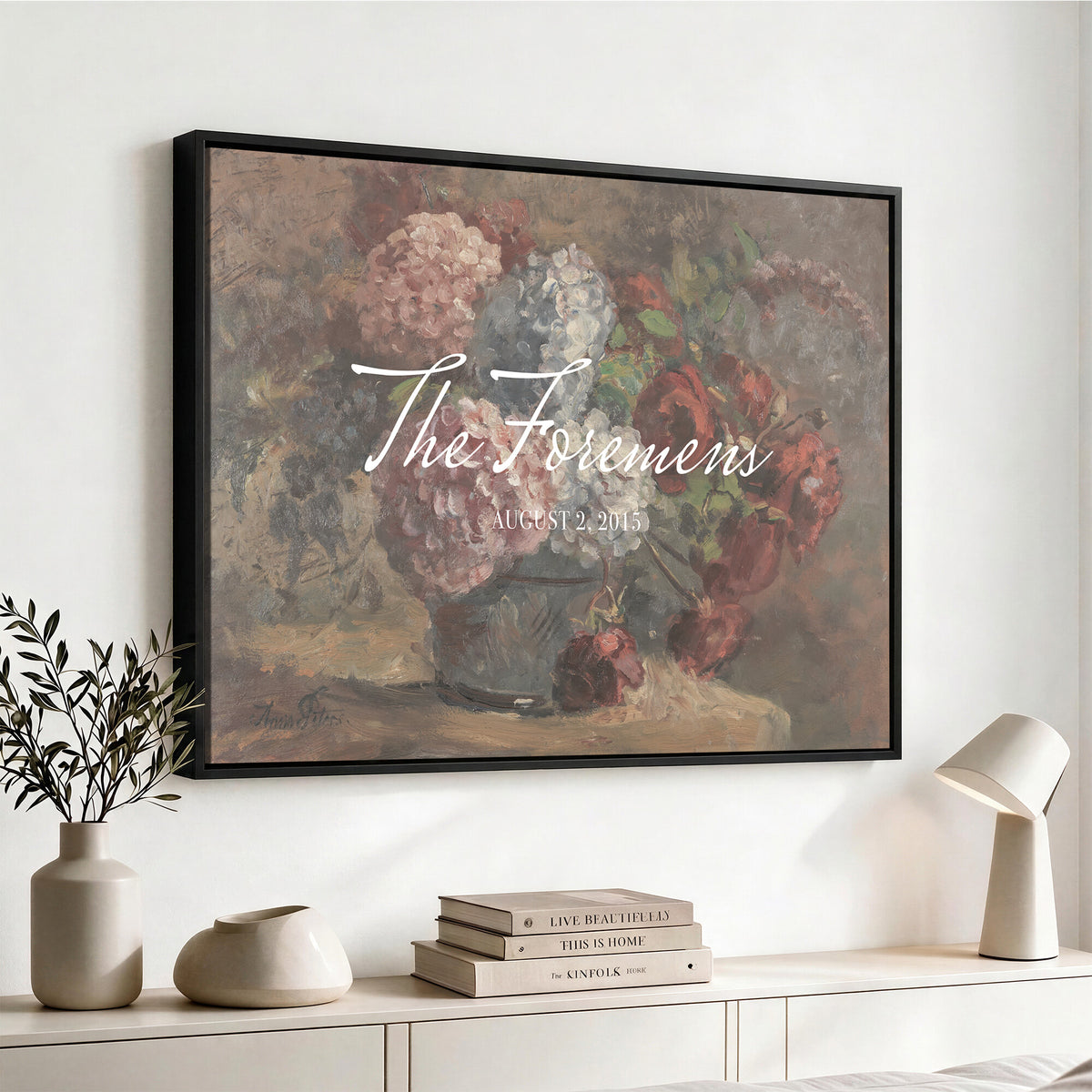 48524805-MCV-HS-36X24 - Wedding Easel Sign | Personalized Rose Bouquet Vintage Canvas | Framed Welcome Sign for Ceremony