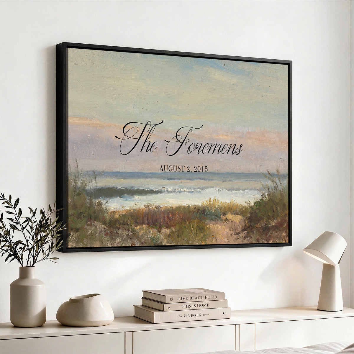 37585091-MCV-HS-36X24 - Wedding Easel Sign | Personalized Coastal Dunes Vintage Canvas | Framed Welcome Sign for Ceremony
