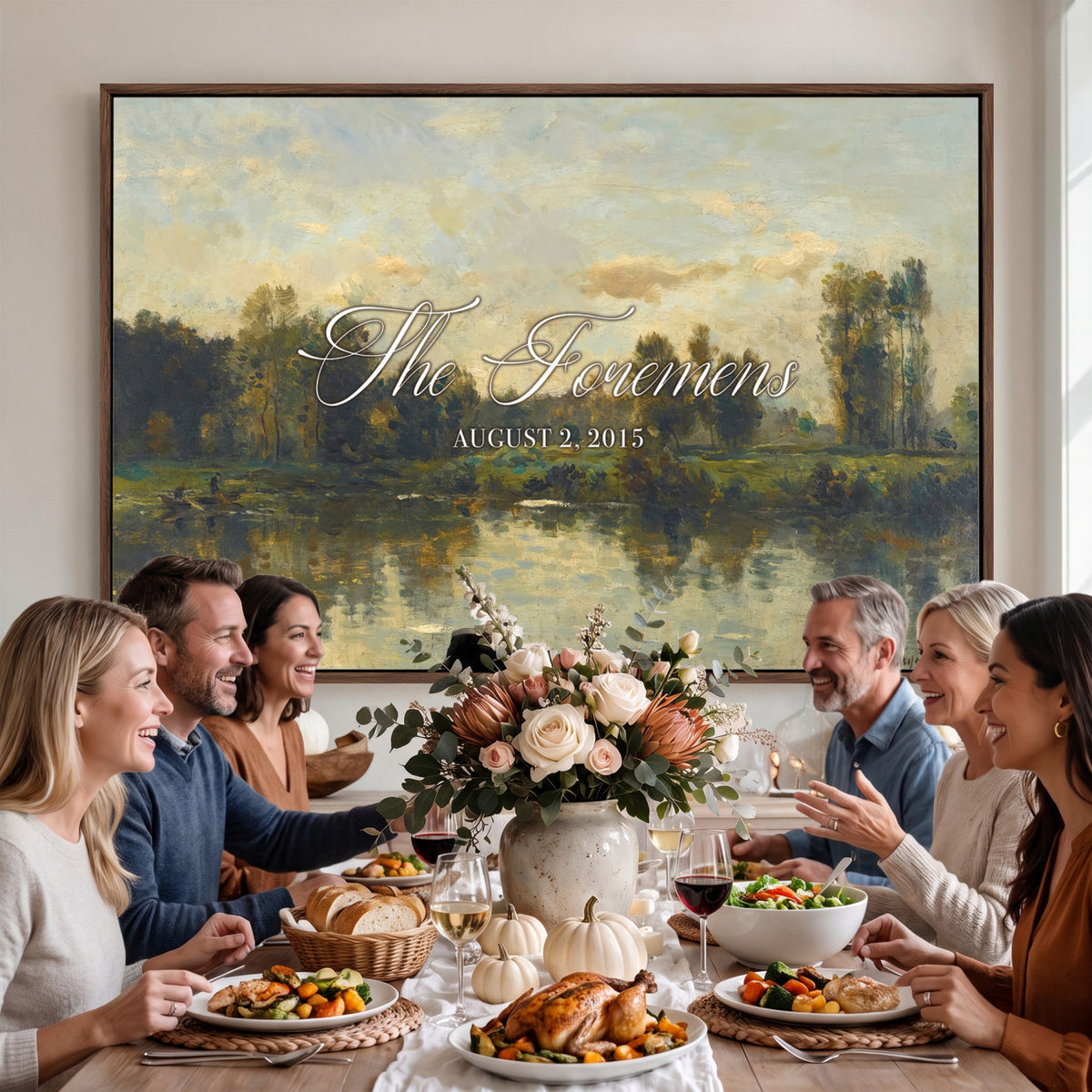 81082298-MCV-HS-36X24 - Personalized Family Name Sign | River Reflection Vintage Landscape Canvas | Wedding Gift