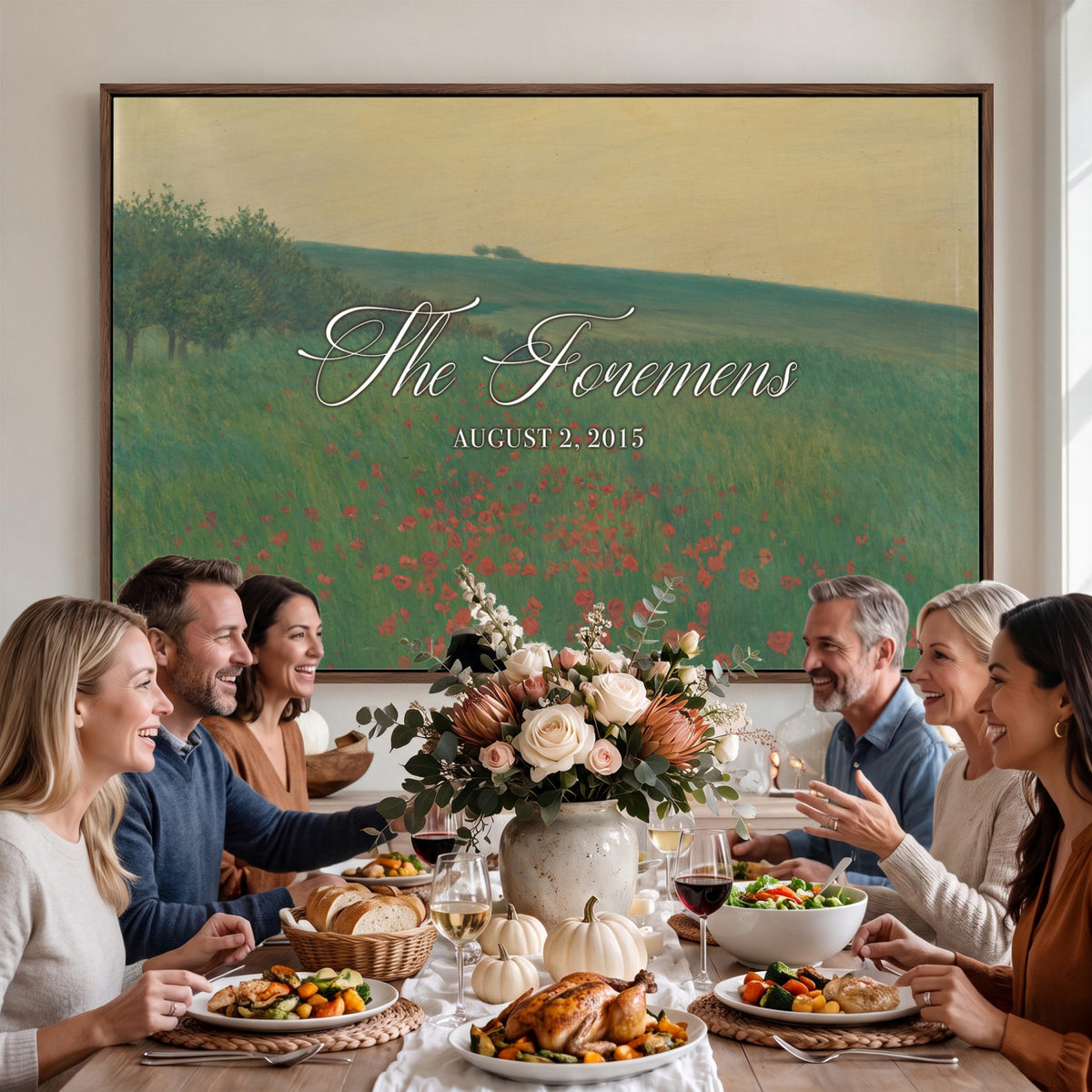 29657787-MCV-HS-36X24 - Personalized Family Name Sign | Poppy Field Vintage Landscape Canvas | Wedding Gift