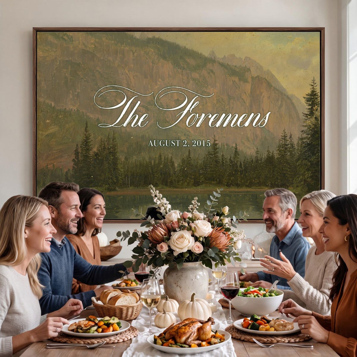 96706505-MCV-HS-36X24 - Personalized Family Name Sign | Mountain Lake Vintage Landscape Canvas | Wedding Gift