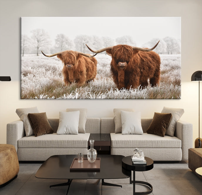 Highland Cows in Winter Canvas Wall Art – Rustic Farmhouse Triptych – Animal Photography Print for Living Room or Office – Ready to Hang