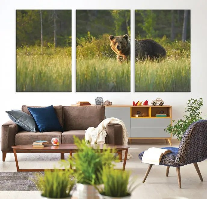 A museum-quality triptych wall art, titled "Wild Bears in Nature Canvas Print," elegantly decorates the living room.