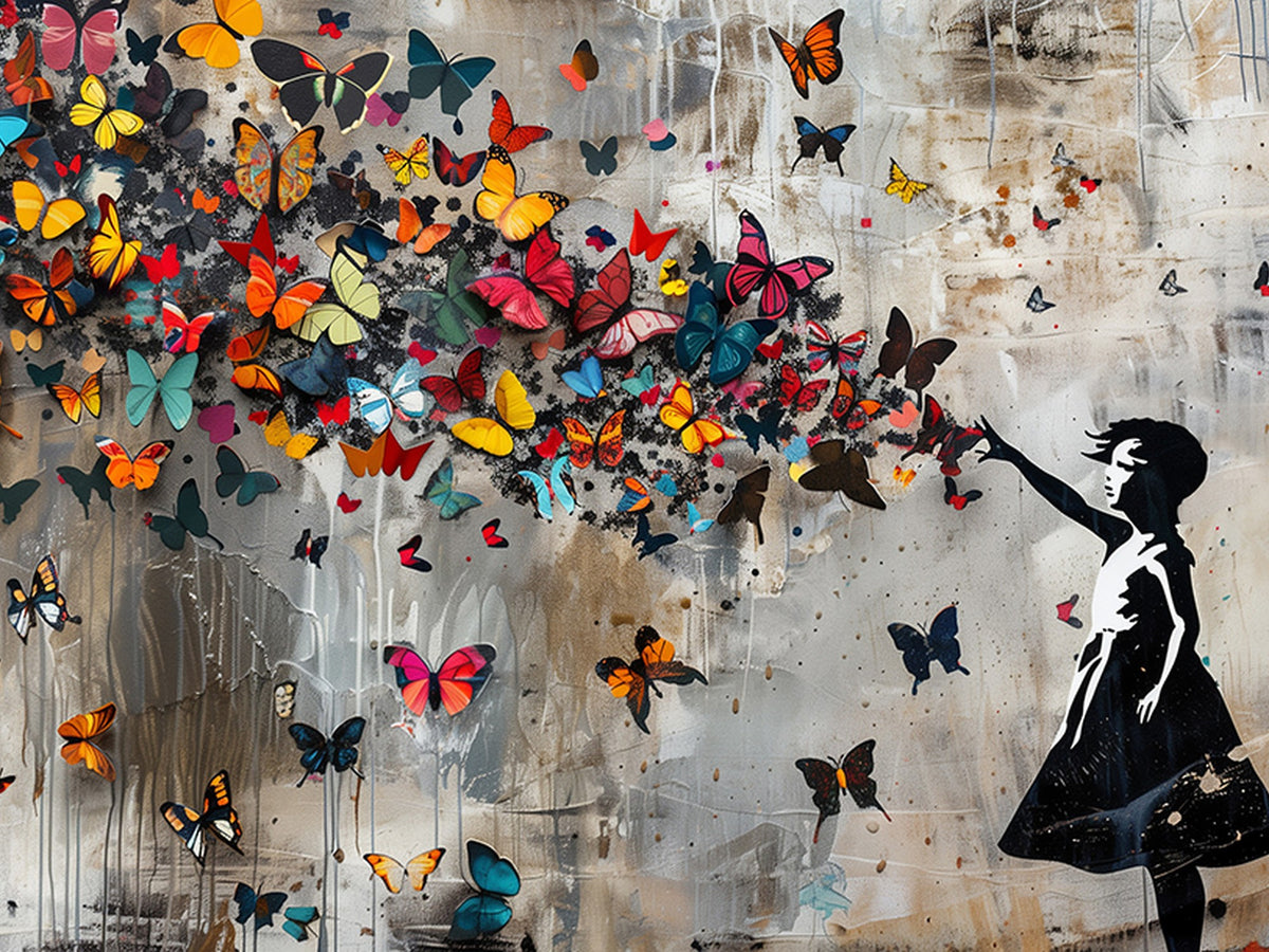 Banksy Wall Art, Banksy Girl and Butterfly Explosion Canvas Print | Extra Large 3 Piece Best Seller Wall Art