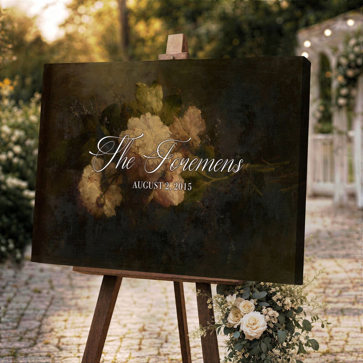 52520004-MCV-HS-36X24 - Personalized Family Name Sign | Cream Blooms Vintage Floral Canvas | Wedding Gift