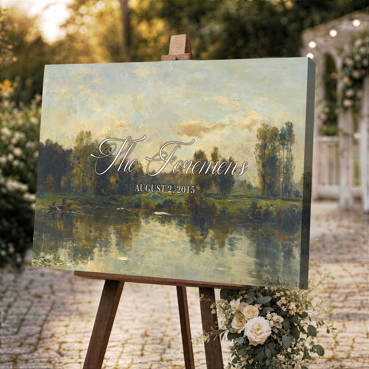 81082298-MCV-HS-36X24 - Personalized Family Name Sign | River Reflection Vintage Landscape Canvas | Wedding Gift
