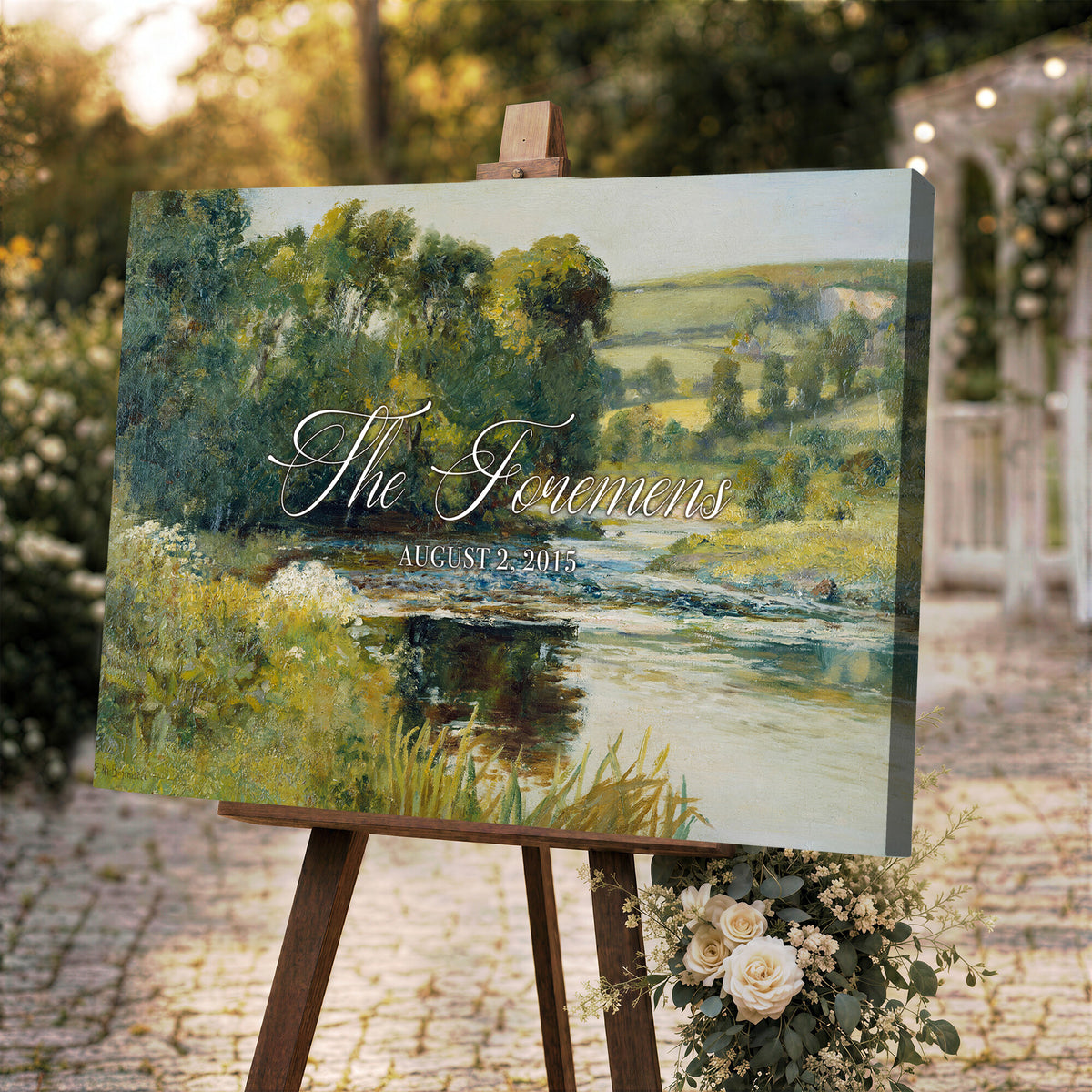 70450758-MCV-HS-36X24 - Wedding Easel Sign | Personalized Countryside Stream Vintage Canvas | Framed Welcome Sign for Ceremony