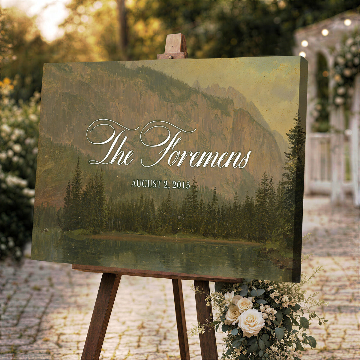 96706505-MCV-HS-36X24 - Personalized Family Name Sign | Mountain Lake Vintage Landscape Canvas | Wedding Gift