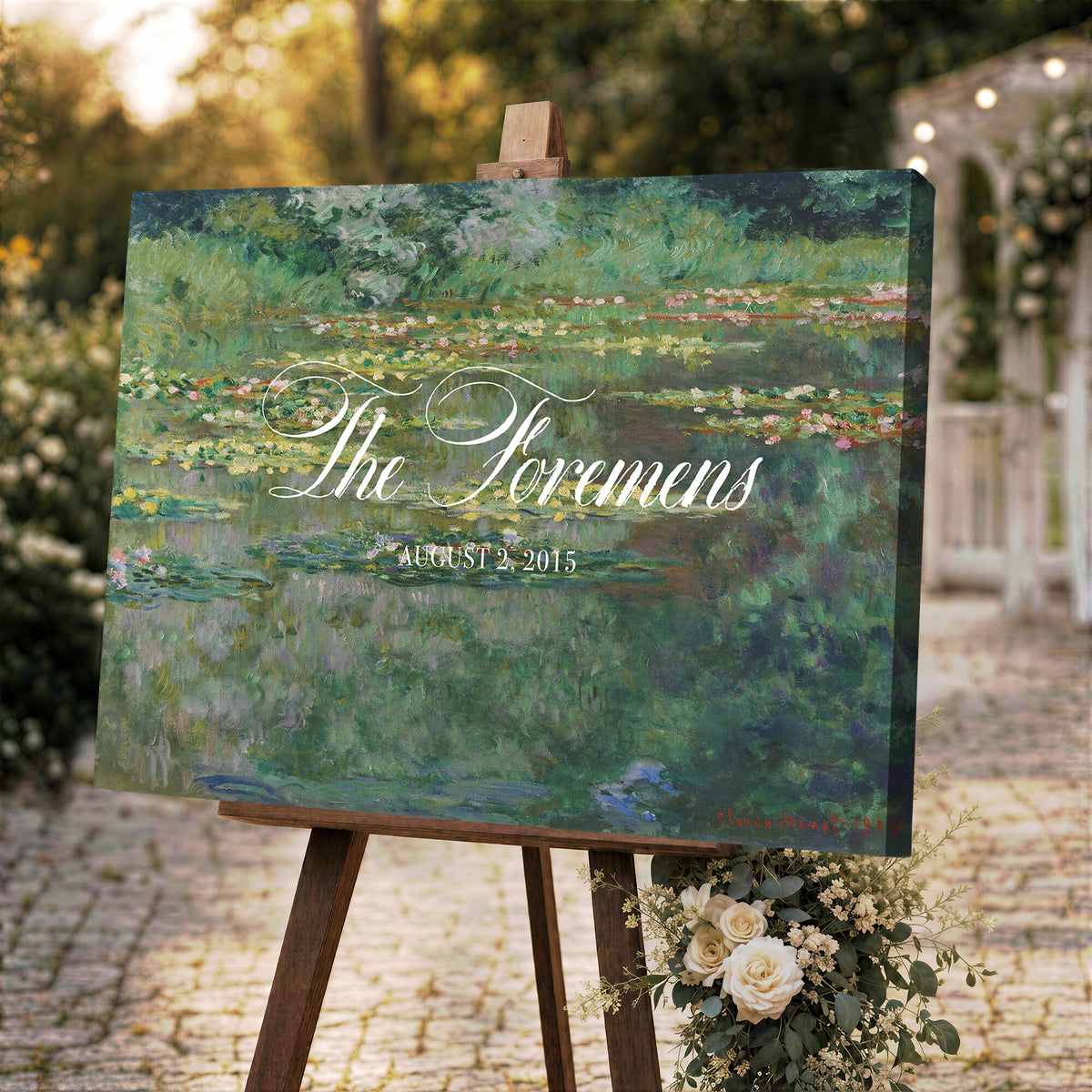 98675697-MCV-HS-36X24 - Wedding Easel Sign | Personalized Water Lily Pond Vintage Canvas | Framed Welcome Sign for Ceremony