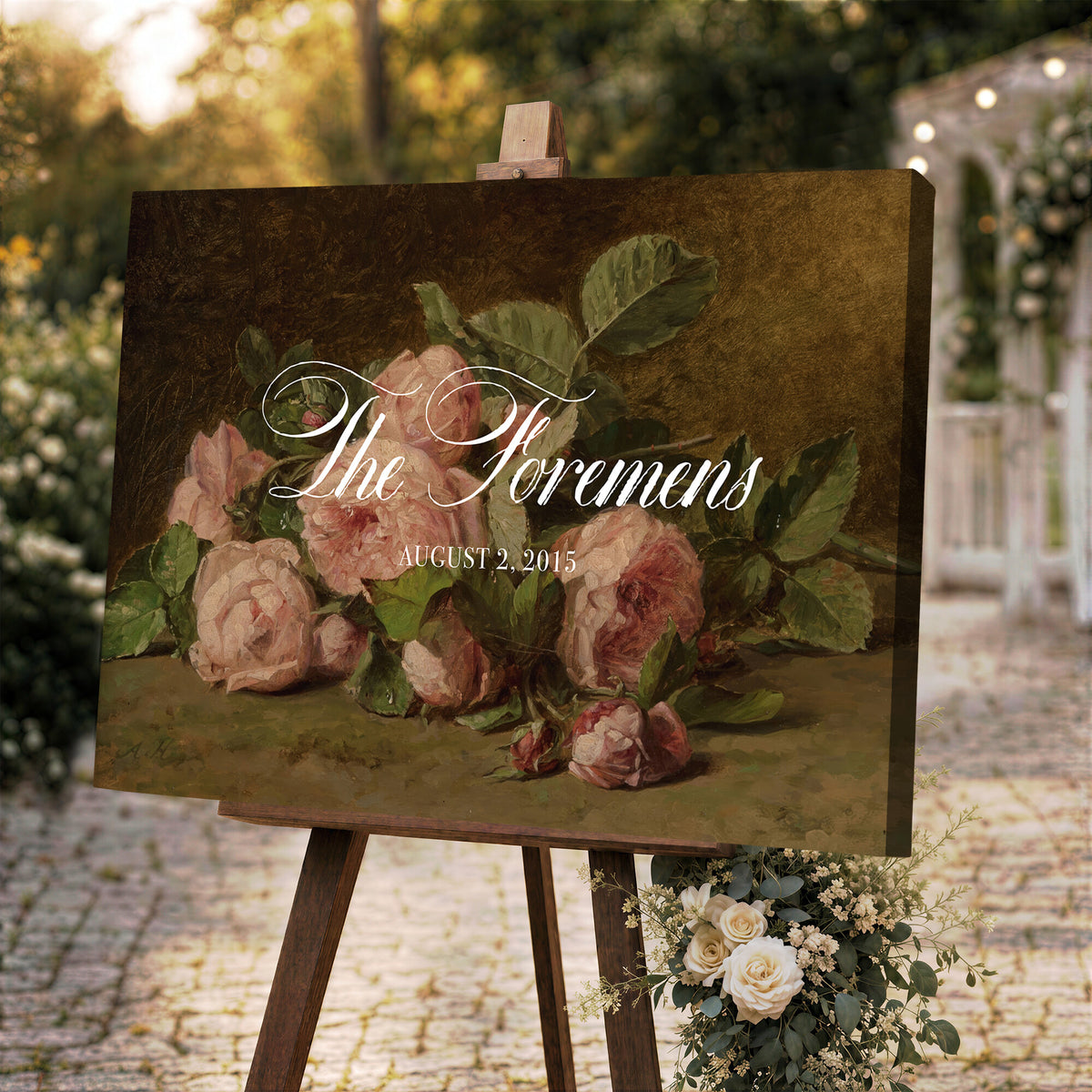 36376357-MCV-HS-36X24 - Wedding Easel Sign | Personalized Pink Roses Vintage Canvas | Framed Welcome Sign for Ceremony