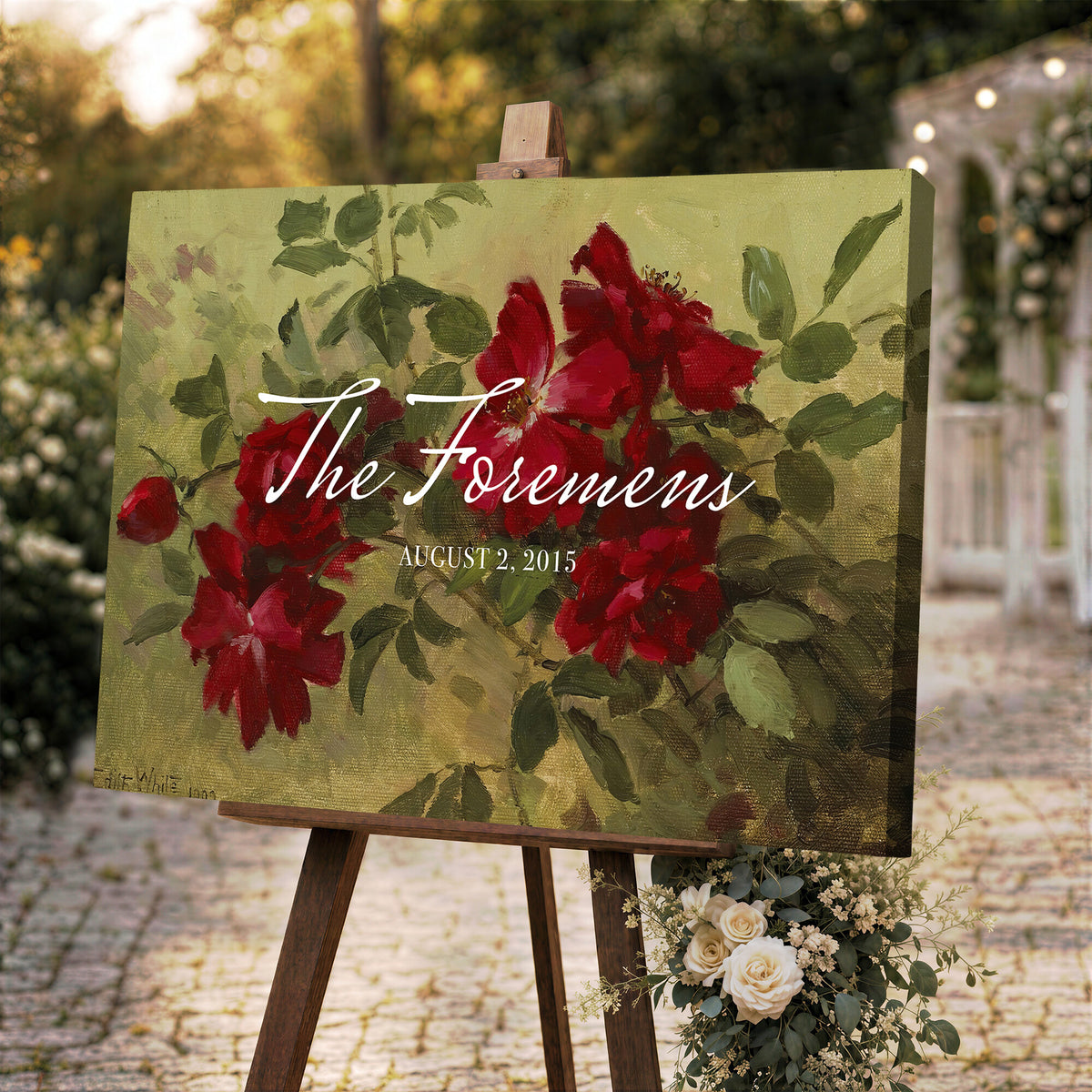 25793804-MCV-HS-36X24 - Wedding Easel Sign | Personalized Red Roses Vintage Canvas | Framed Welcome Sign for Ceremony