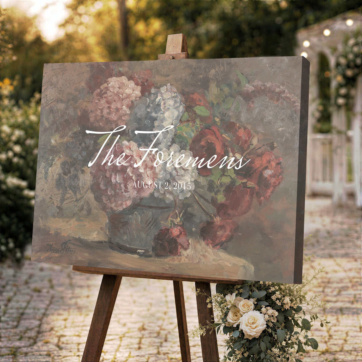 48524805-MCV-HS-36X24 - Wedding Easel Sign | Personalized Rose Bouquet Vintage Canvas | Framed Welcome Sign for Ceremony