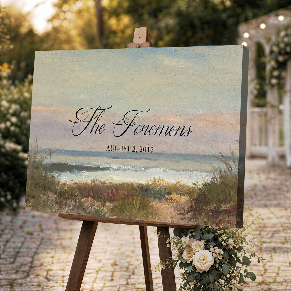 37585091-MCV-HS-36X24 - Wedding Easel Sign | Personalized Coastal Dunes Vintage Canvas | Framed Welcome Sign for Ceremony