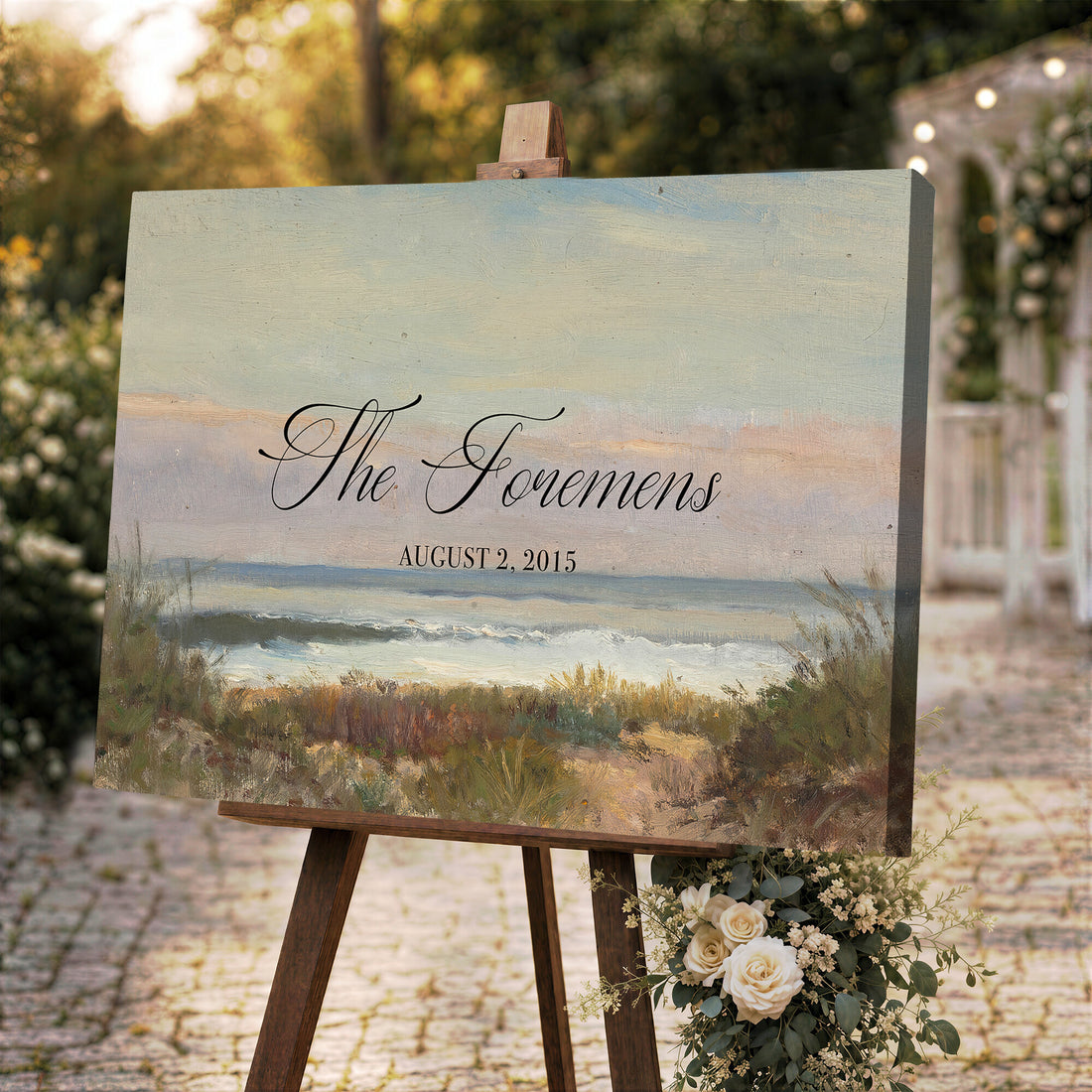 Wedding Easel Sign | Personalized Coastal Dunes Vintage Canvas | Framed Welcome Sign for Ceremony