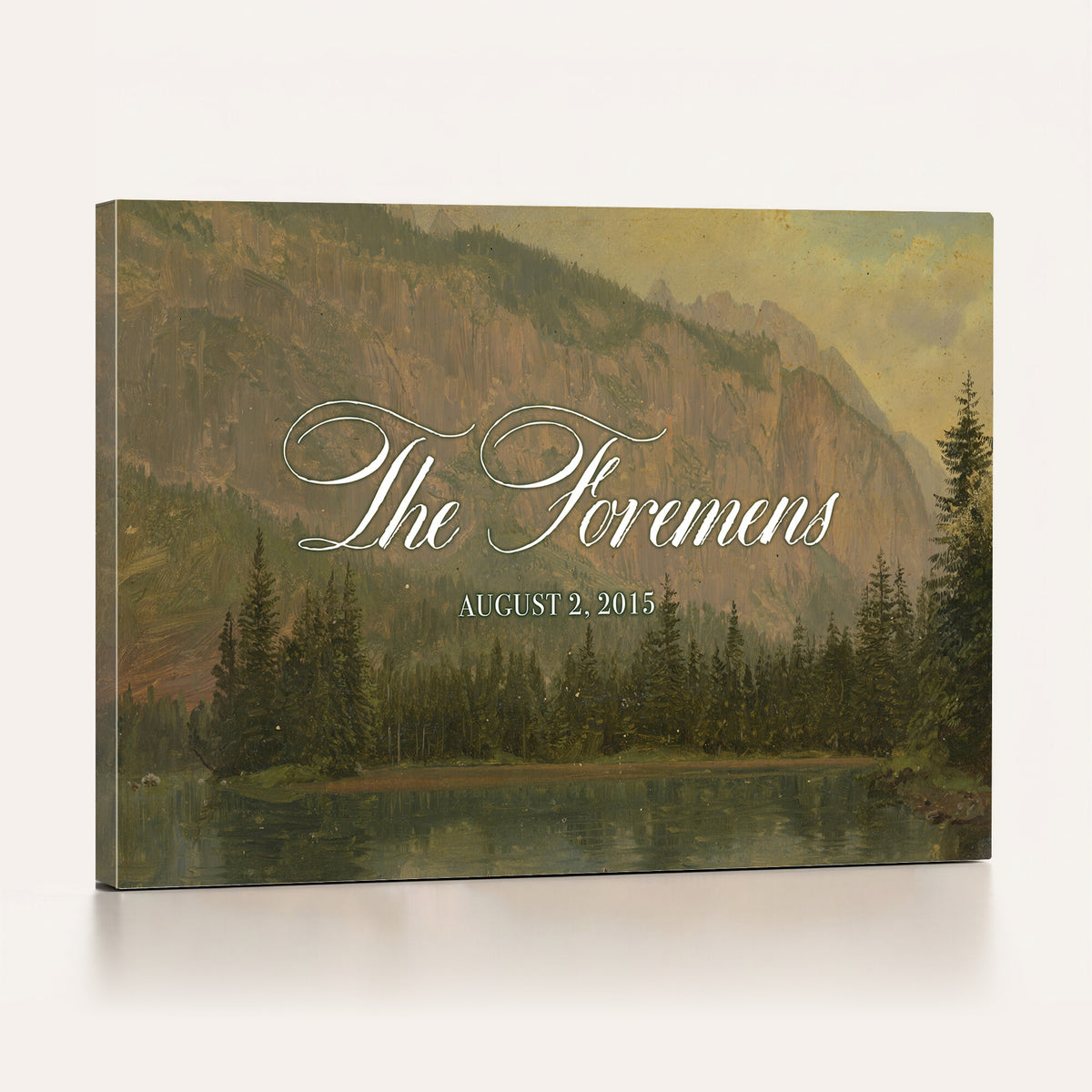 96706505-MCV-HS-36X24 - Personalized Family Name Sign | Mountain Lake Vintage Landscape Canvas | Wedding Gift