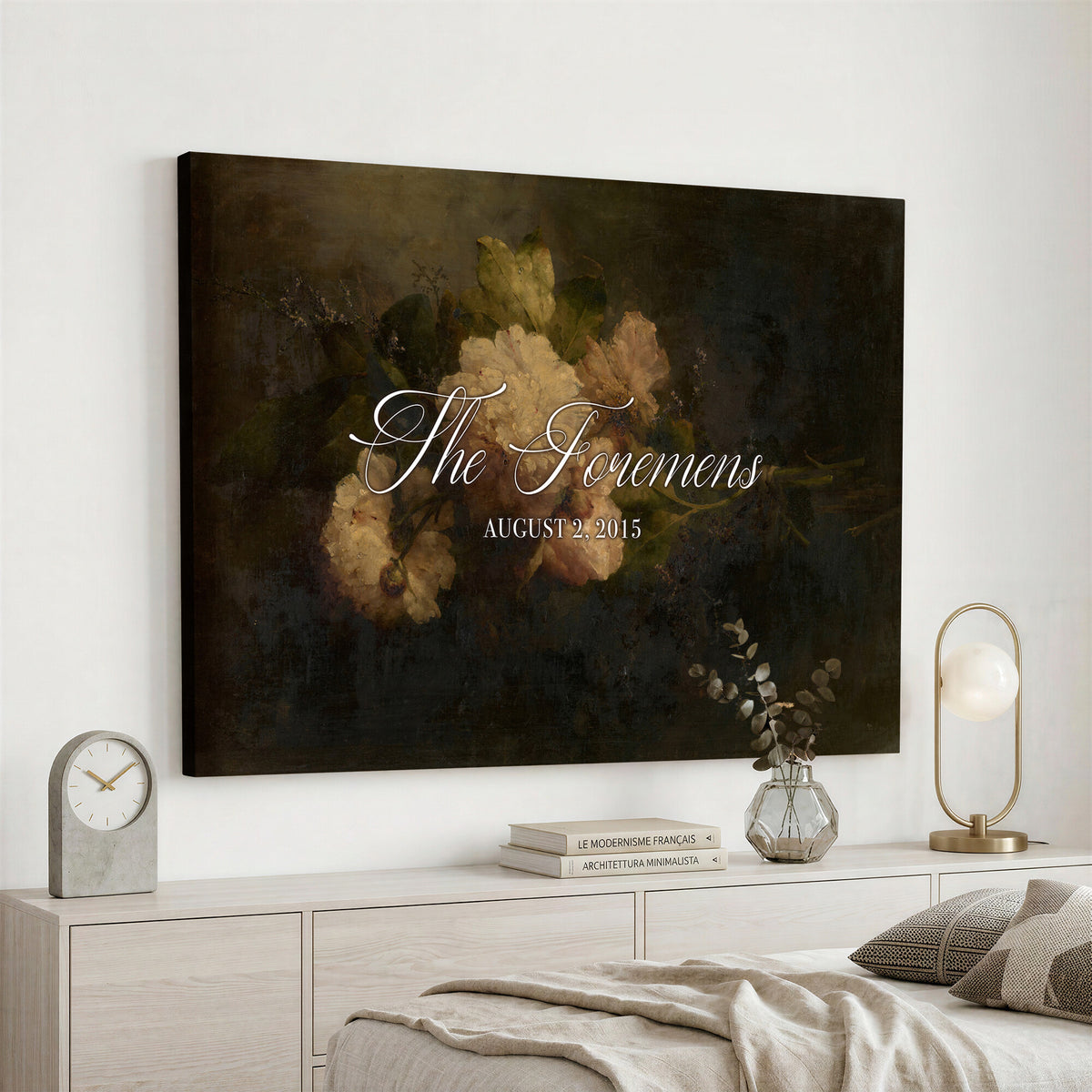 52520004-MCV-HS-36X24 - Personalized Family Name Sign | Cream Blooms Vintage Floral Canvas | Wedding Gift