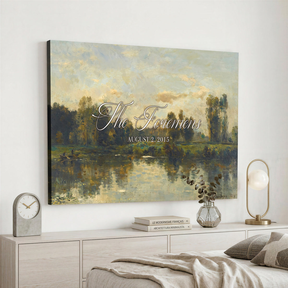 81082298-MCV-HS-36X24 - Personalized Family Name Sign | River Reflection Vintage Landscape Canvas | Wedding Gift