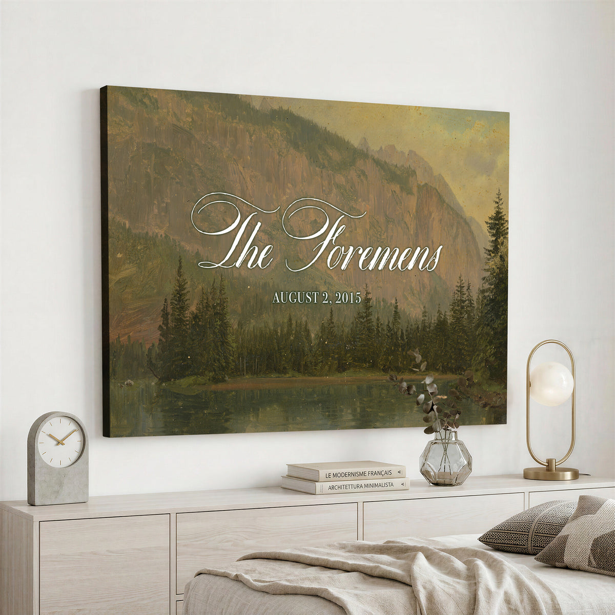 96706505-MCV-HS-36X24 - Personalized Family Name Sign | Mountain Lake Vintage Landscape Canvas | Wedding Gift