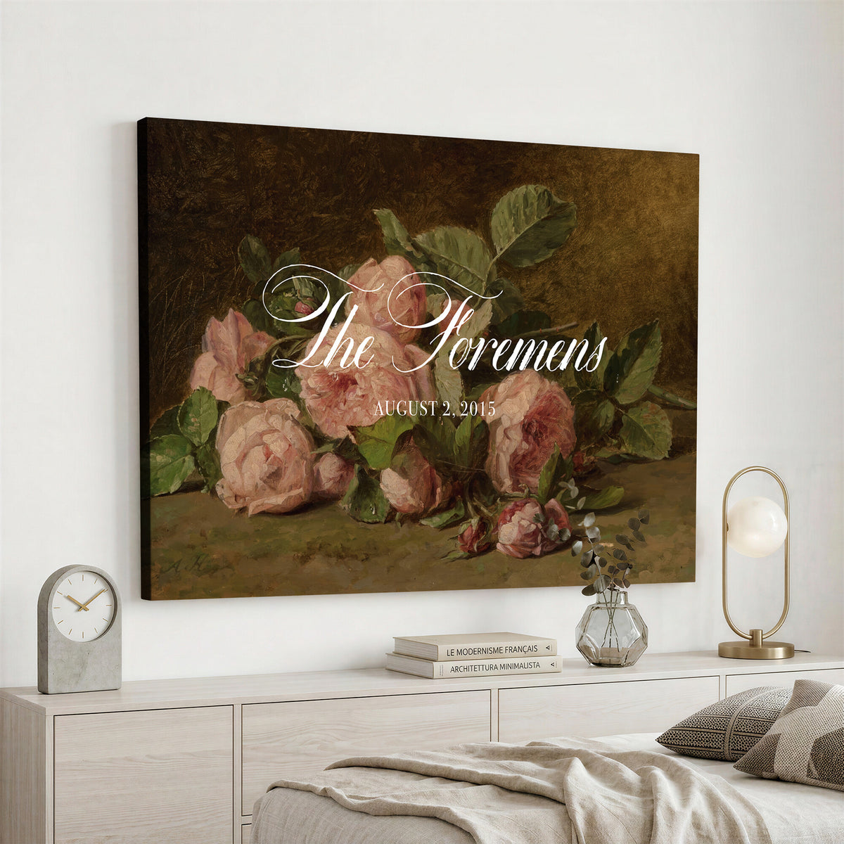 36376357-MCV-HS-36X24 - Wedding Easel Sign | Personalized Pink Roses Vintage Canvas | Framed Welcome Sign for Ceremony