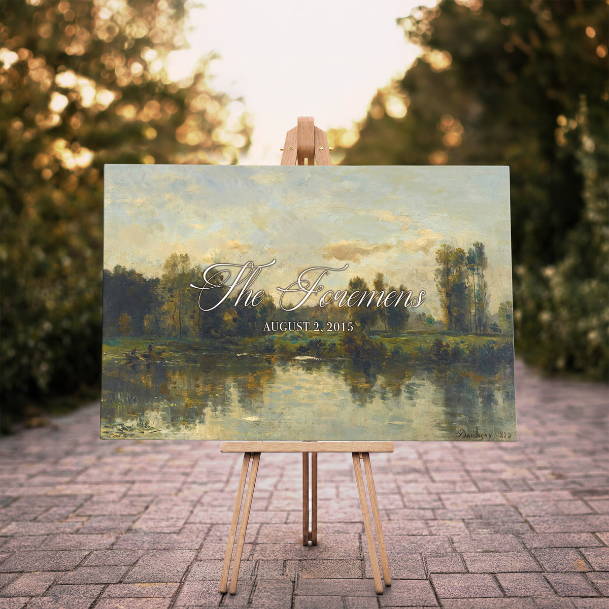 81082298-MCV-HS-36X24 - Personalized Family Name Sign | River Reflection Vintage Landscape Canvas | Wedding Gift