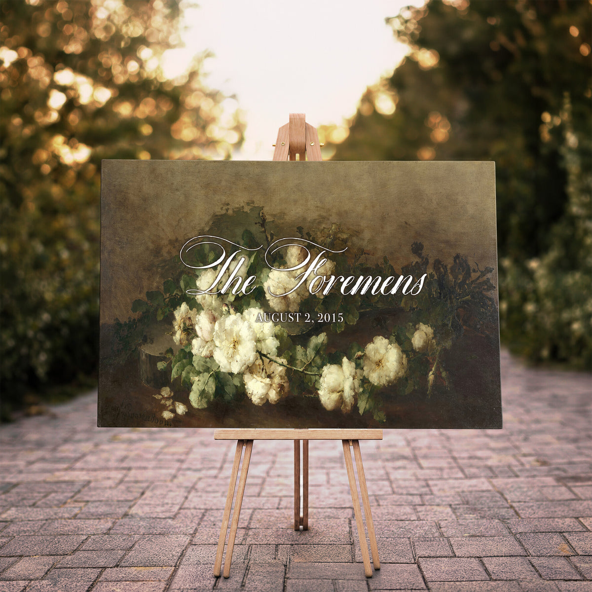 60065718-MCV-HS-36X24 - Wedding Easel Sign | Personalized White Peonies Vintage Canvas | Framed Welcome Sign for Ceremony