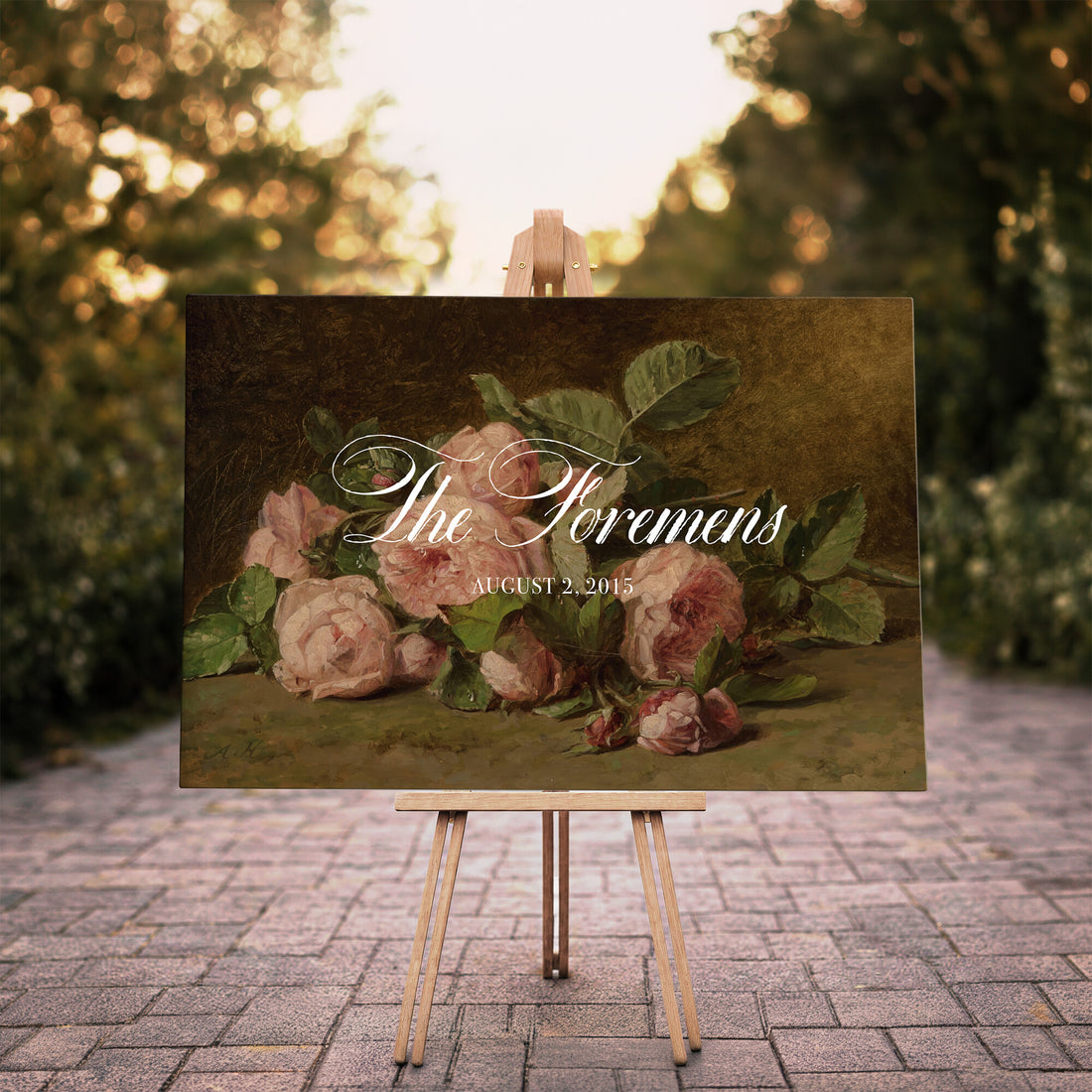 Wedding Easel Sign | Personalized Pink Roses Vintage Canvas | Framed Welcome Sign for Ceremony