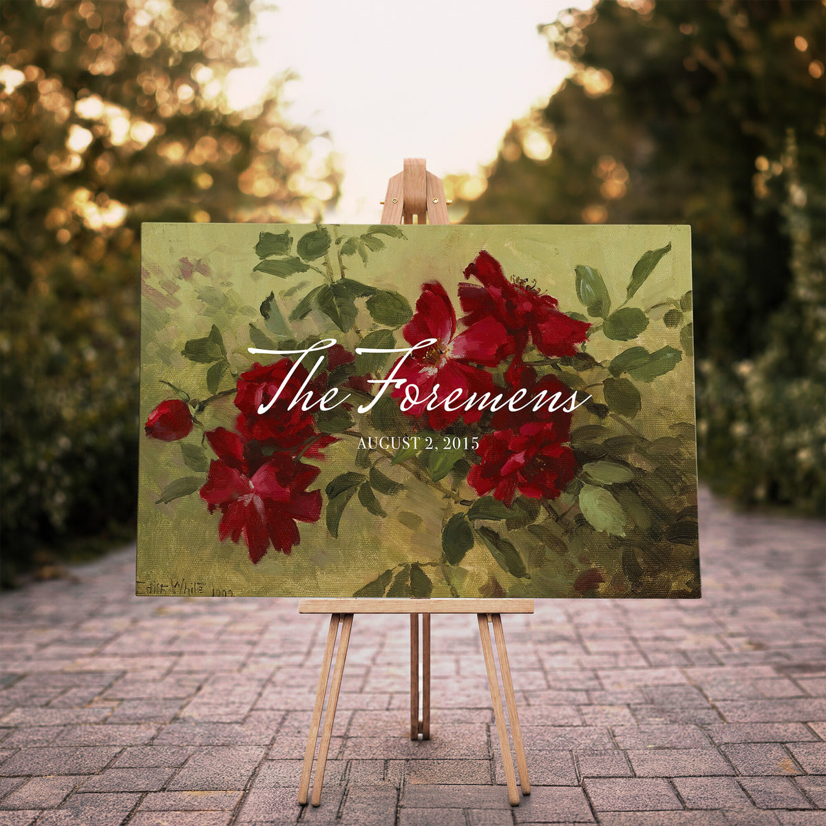 25793804-MCV-HS-36X24 - Wedding Easel Sign | Personalized Red Roses Vintage Canvas | Framed Welcome Sign for Ceremony