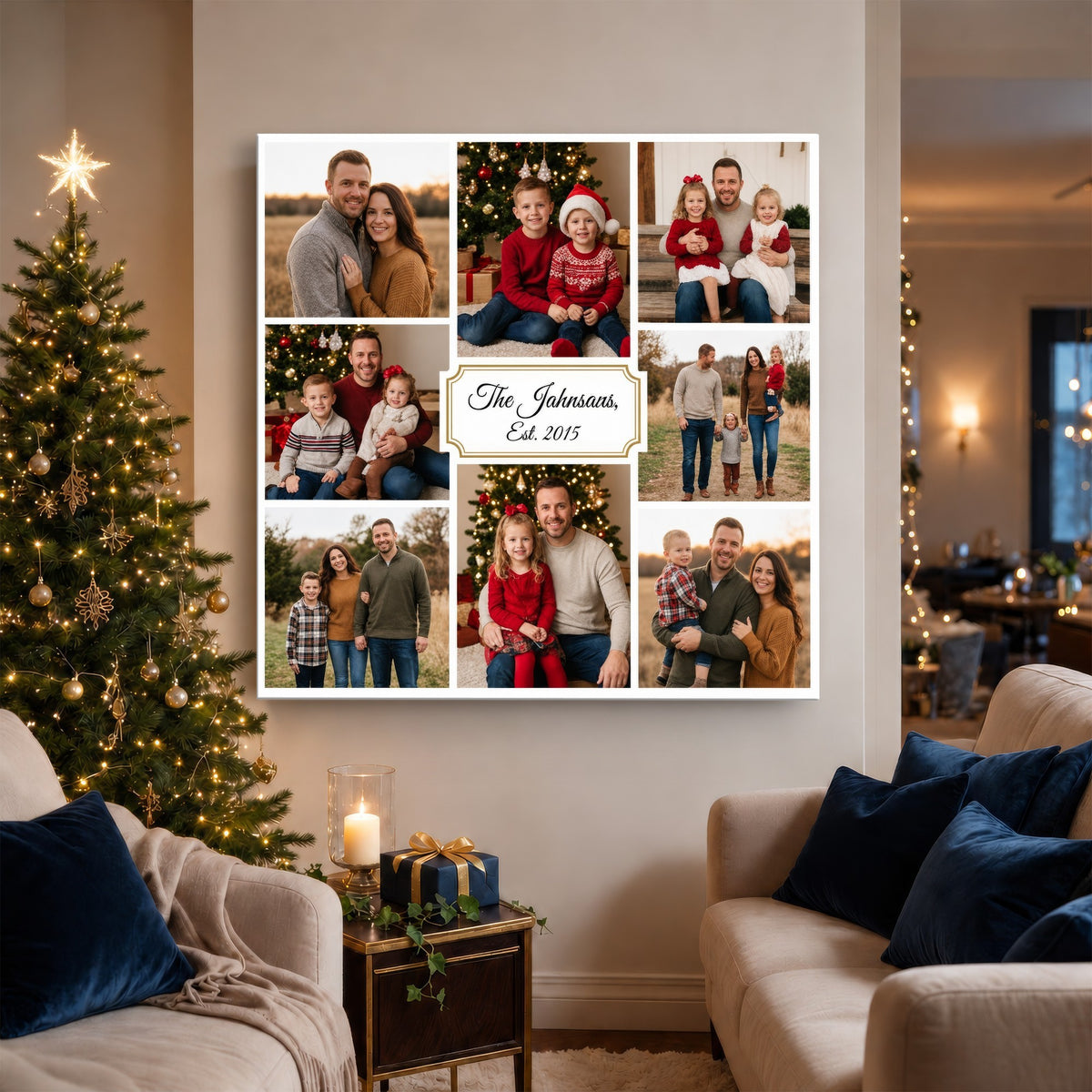 Custom family collage canvas print with established year, housewarming gift