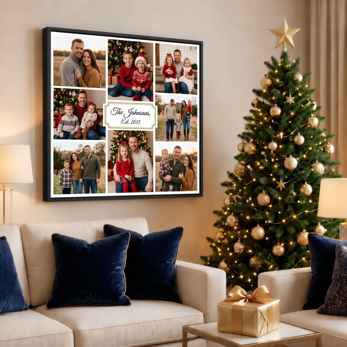 Custom family photo collage canvas print with eight photos and a gold-framed family name label