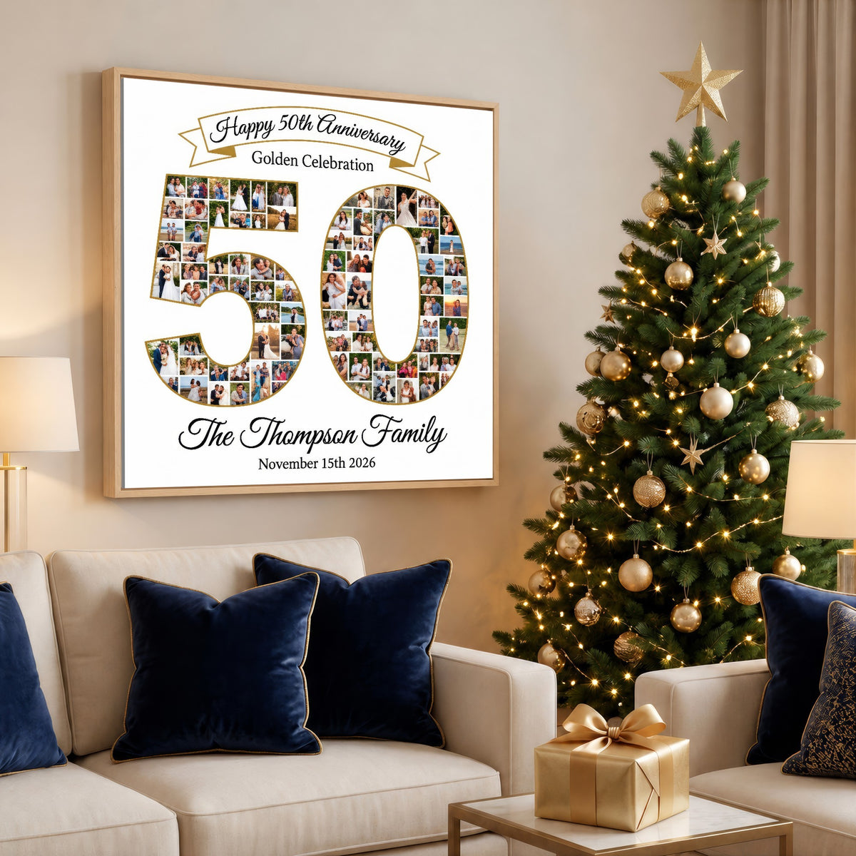 Personalized 50th Anniversary Photo Collage Wall Art Print, Golden Celebration Gift