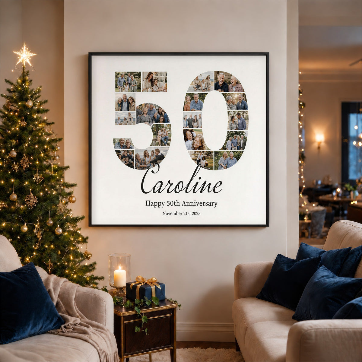 Personalized golden anniversary gift, number 50 made of photos