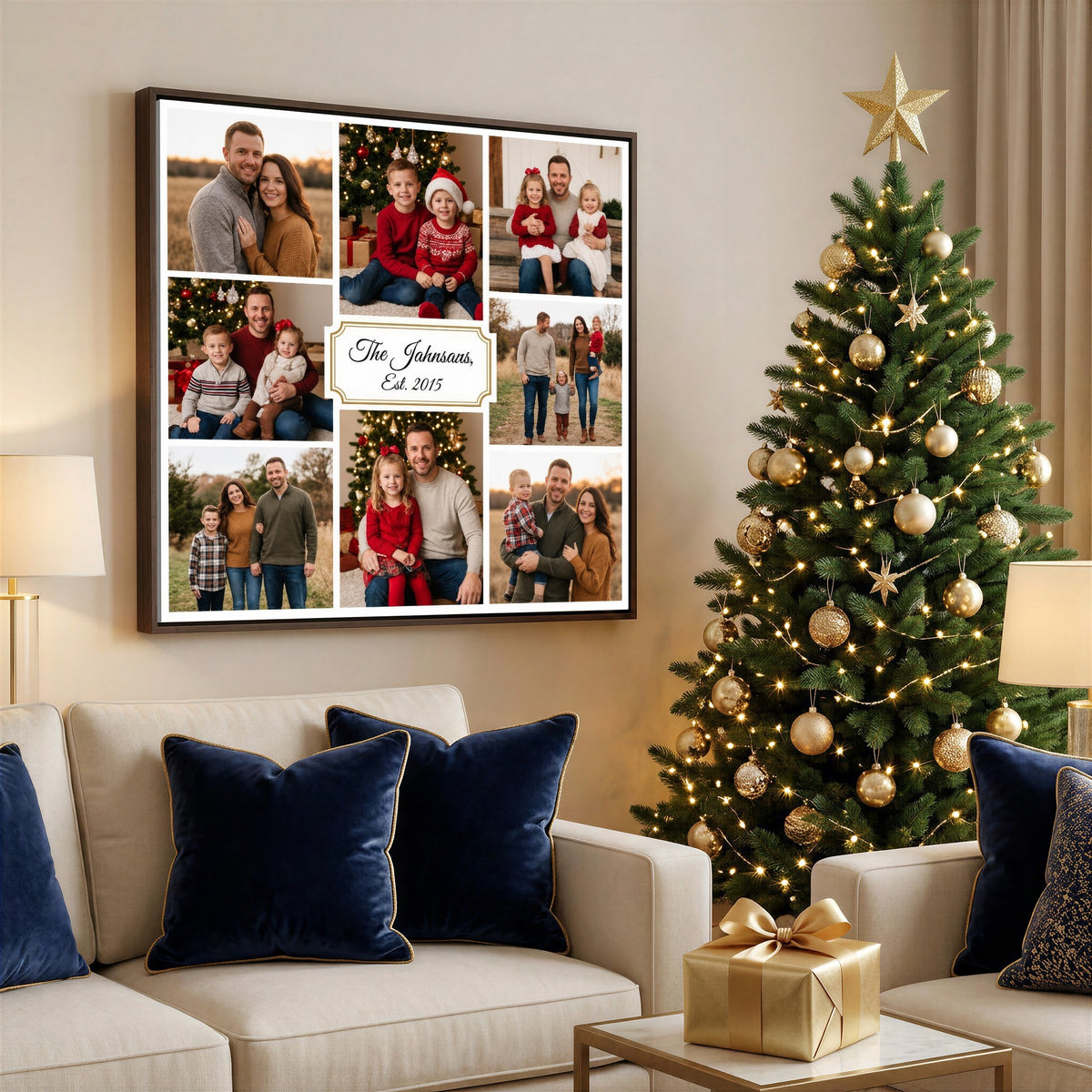 Personalized family name photo collage in a floating frame