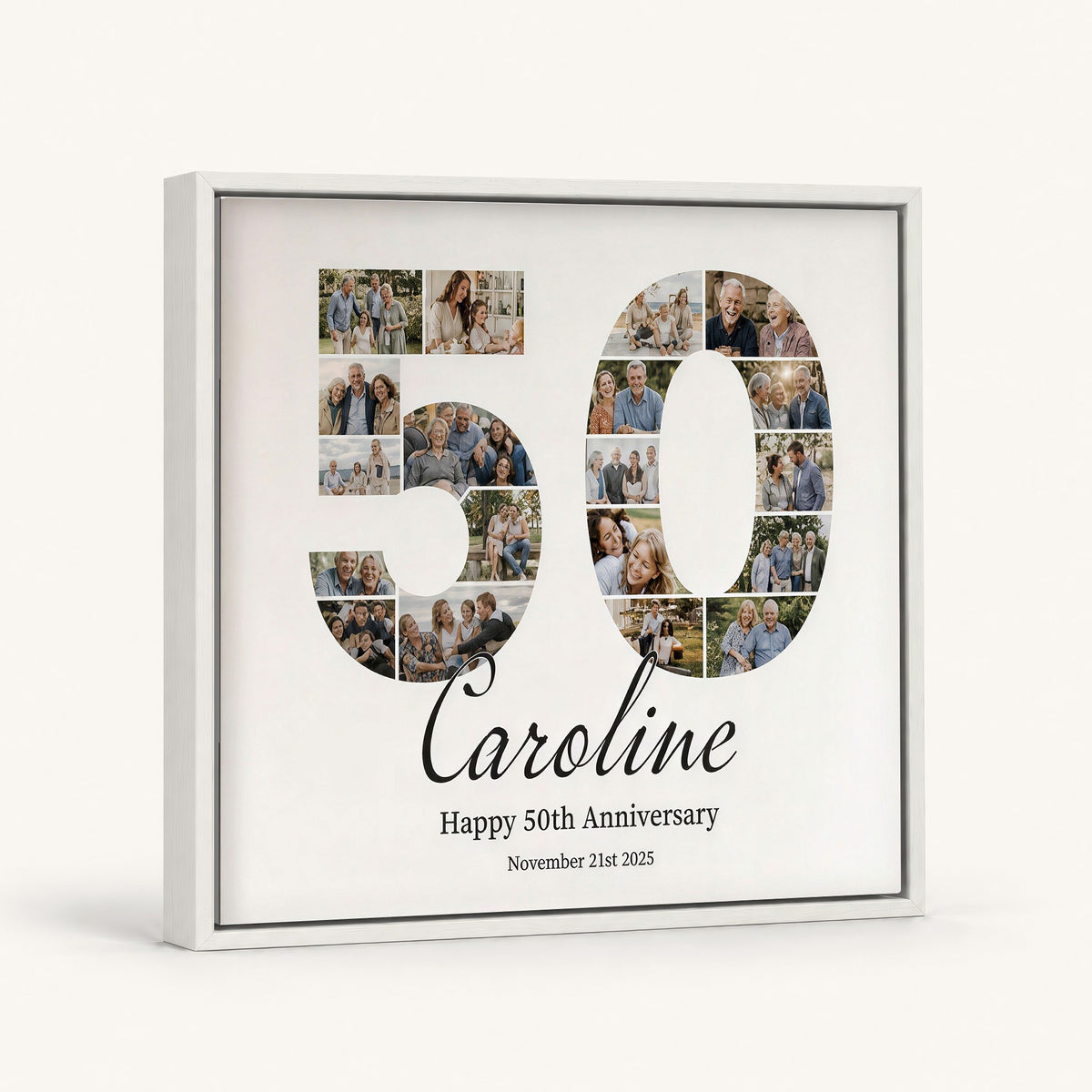 Personalized anniversary photo collage print on the wall