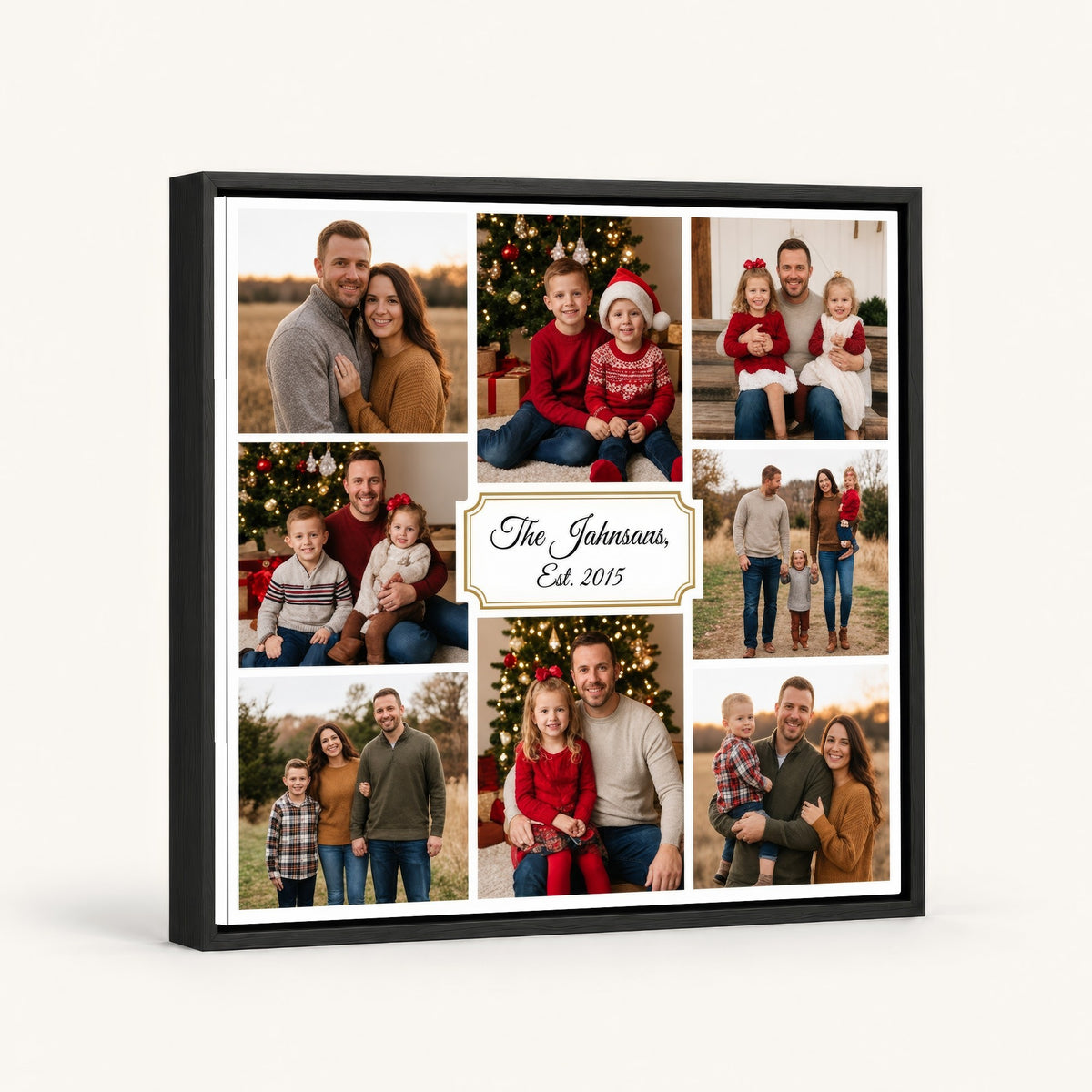 Family photo collage canvas with gold-bordered name label in the center