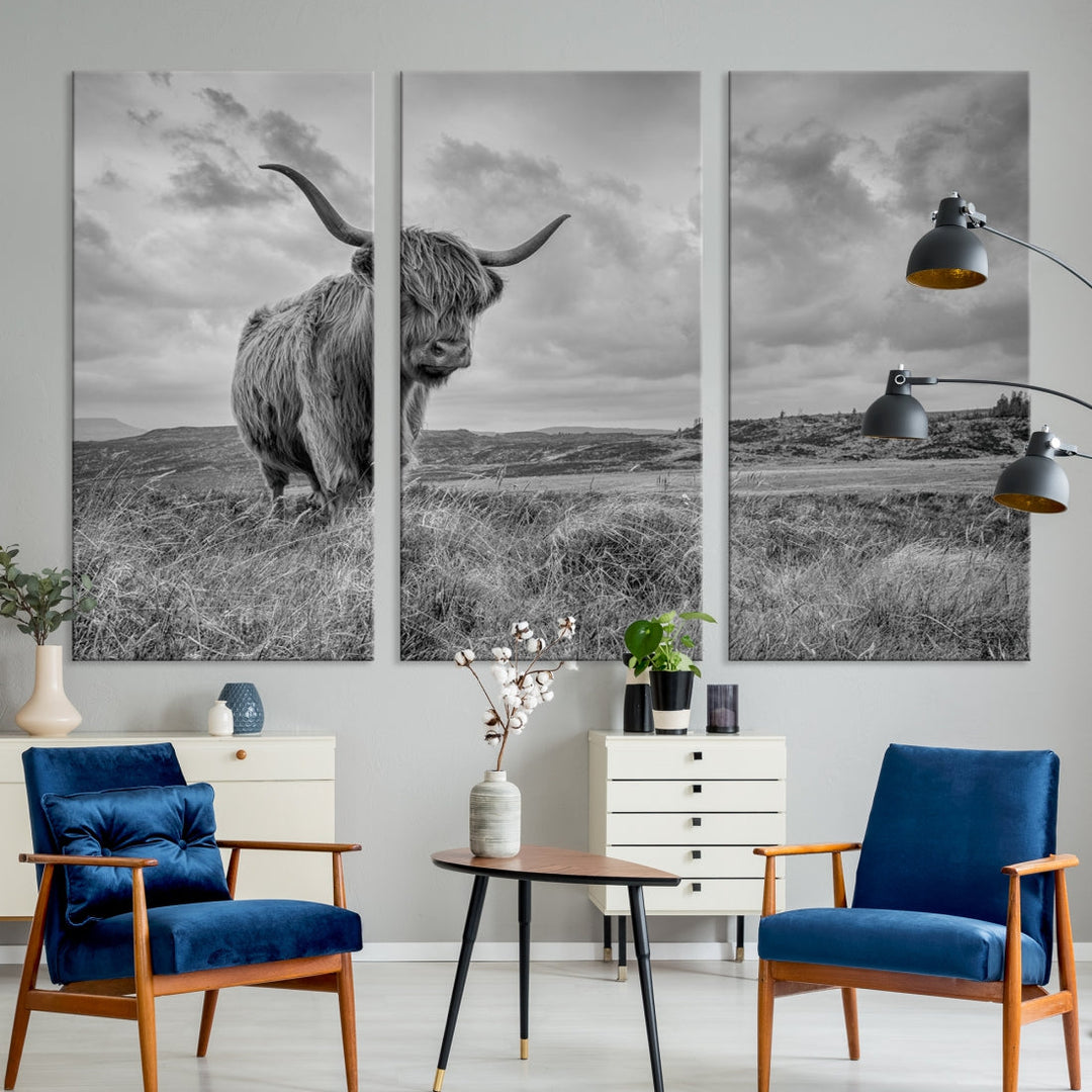 Impression sur toile de bovins de vache Highland en niveaux de gris, Art mural, impression sur toile