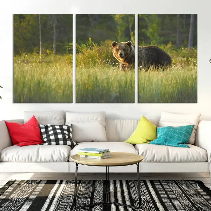 A museum-quality triptych wall art, titled "Wild Bears in Nature Canvas Print," elegantly decorates the living room.