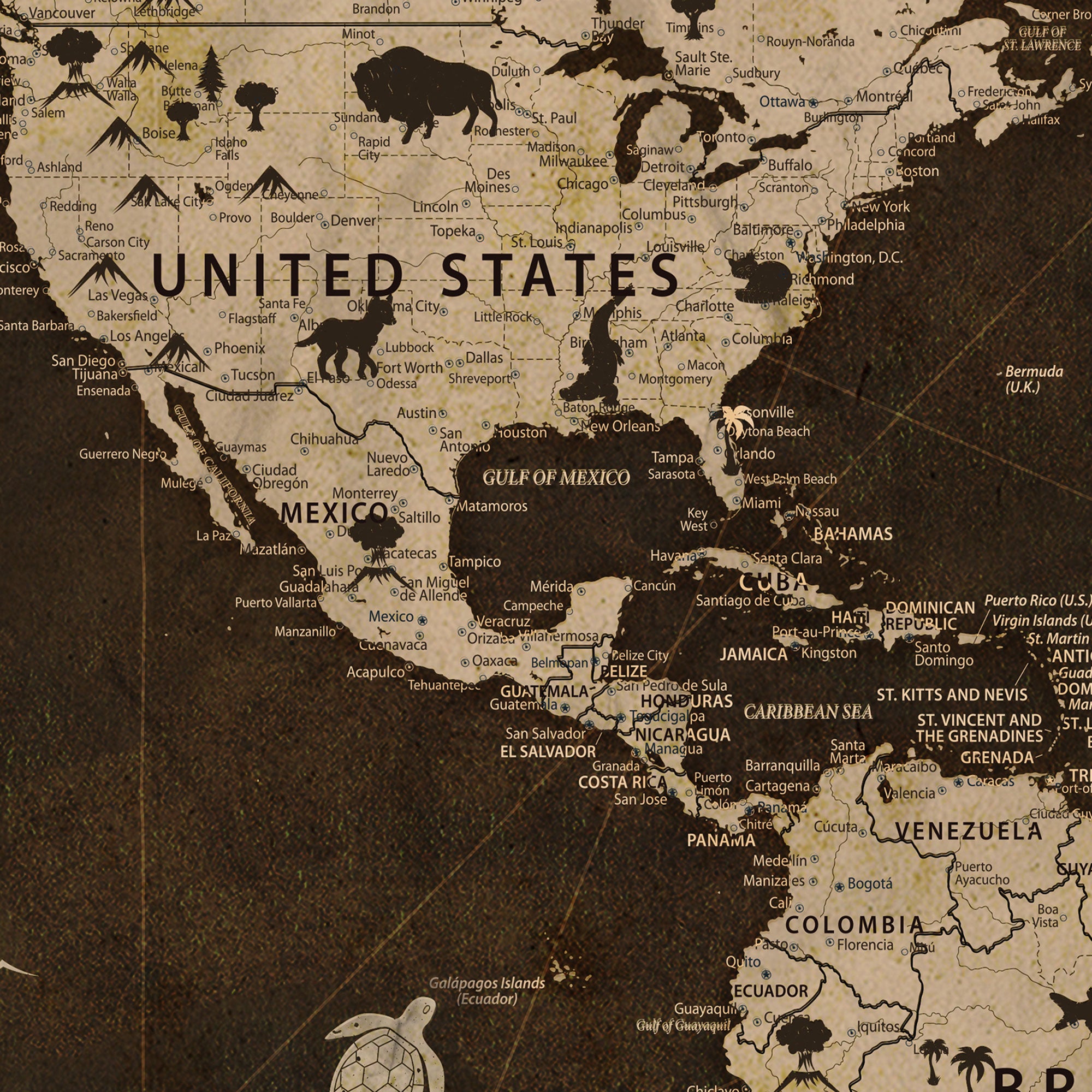 Map of the Americas with a vintage style, featuring the United States and Mexico.