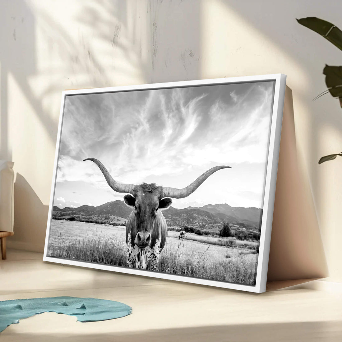 Longhorn Black and White Wall Art | Rustic Western Bull Canvas Print
