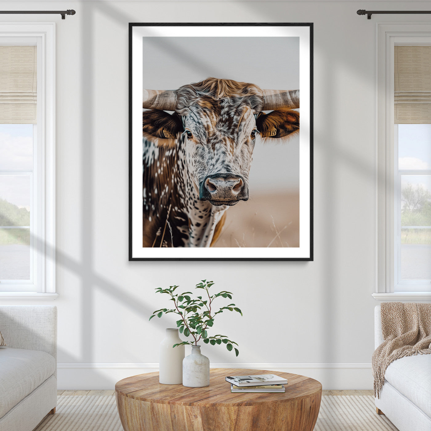 50803532-MGC-FP-36x24_Black-Texas Longhorn Wall Art Canvas Print, Framed Speckled Cow Art Picture Print, Horned Bull Perfect Rustic Western Decor, Texas Longhorn Canvas